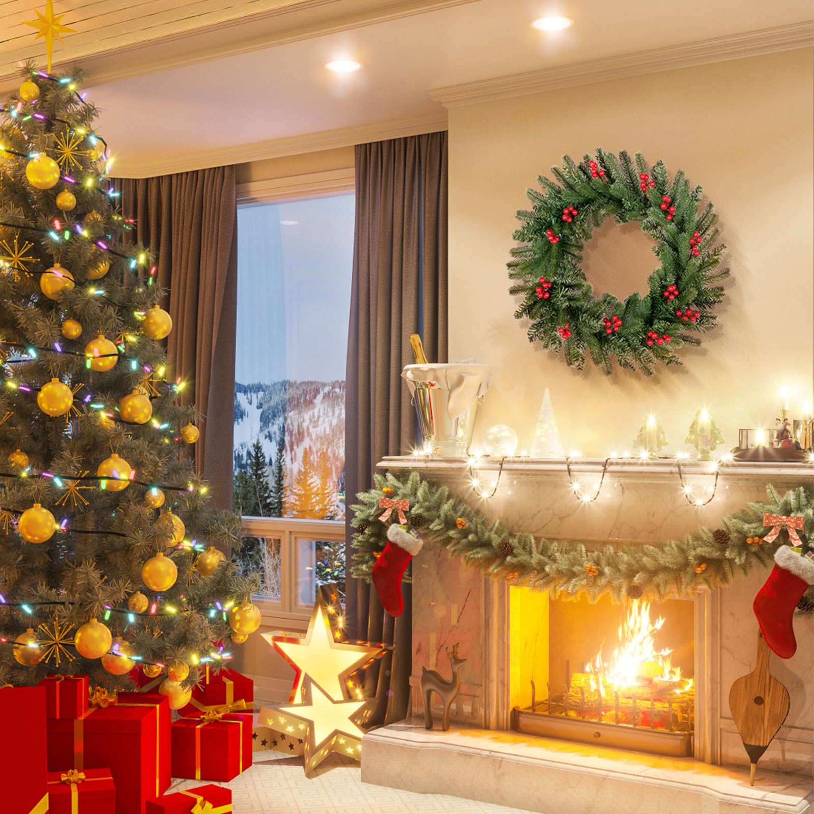 Uten Corona Navidad Grande, 50 cm, con 12 Frutos Rojos, Material de PVC y PE, Decoraciones Navideñas Puertas, Chimeneas, Ventanas