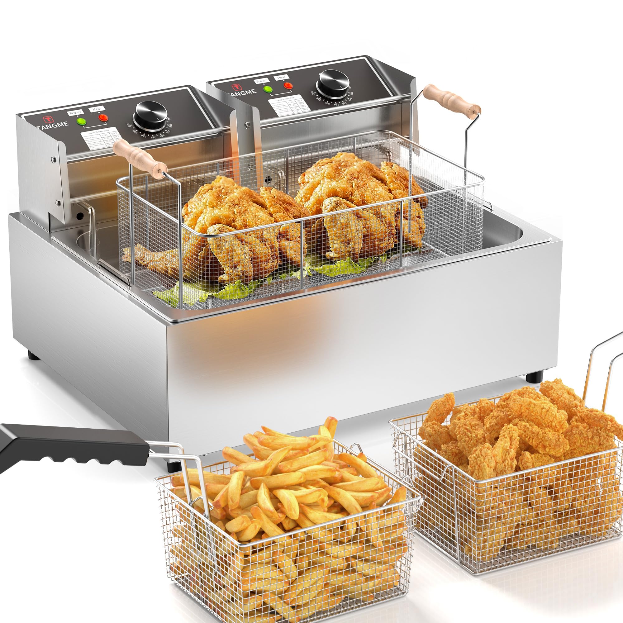 TANGME Commercial Deep Fryer, Triple Basket Electric Countertop Fryer Upgraded 23.25Qt Single Oil Fryer to Fry a Whole Fish with Temperature Limiter, UL Certified