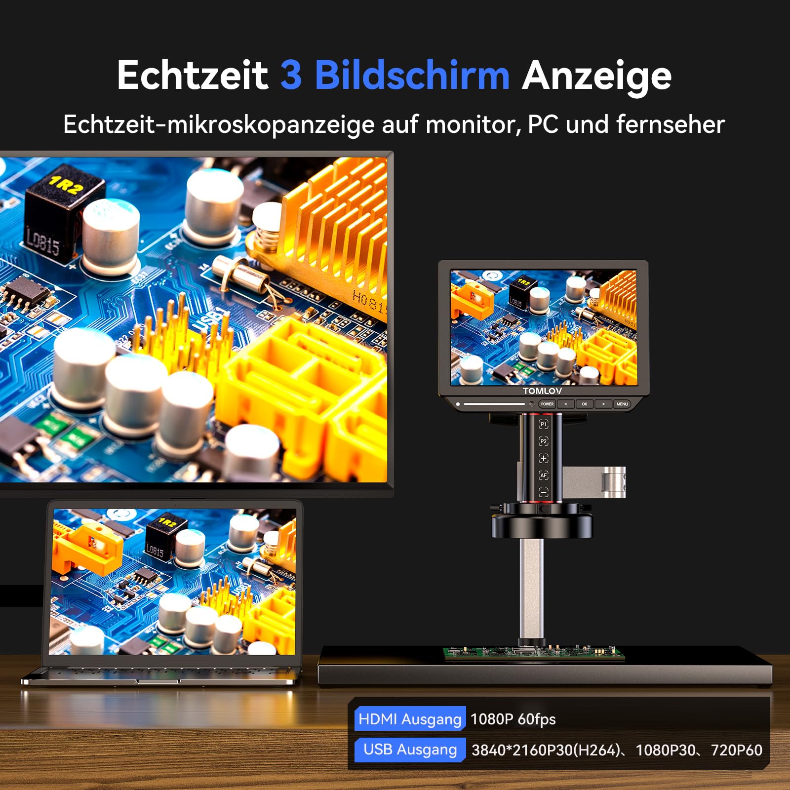 TOMLOV TM4K-AF Max Autofokus Digital Mikroskop 2000X, 4K 10,1" IPS-Schwenkarm-Lötmikroskop für Erwachsene, 52MP HDMI-Mikroskopkamera für Münzen und Löten, mit Ringlicht, PC/TV-kompatibel, 64GB