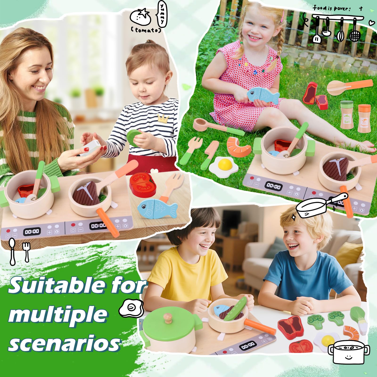 Mardo Accesorios Cocina Juguetes para Niños , Utensilios de Cocina al Aire Libre, Juego de Ollas y sartenes de Madera, Vegetales para Cortar, Juego de rol para Niños Mayores de 3 Años