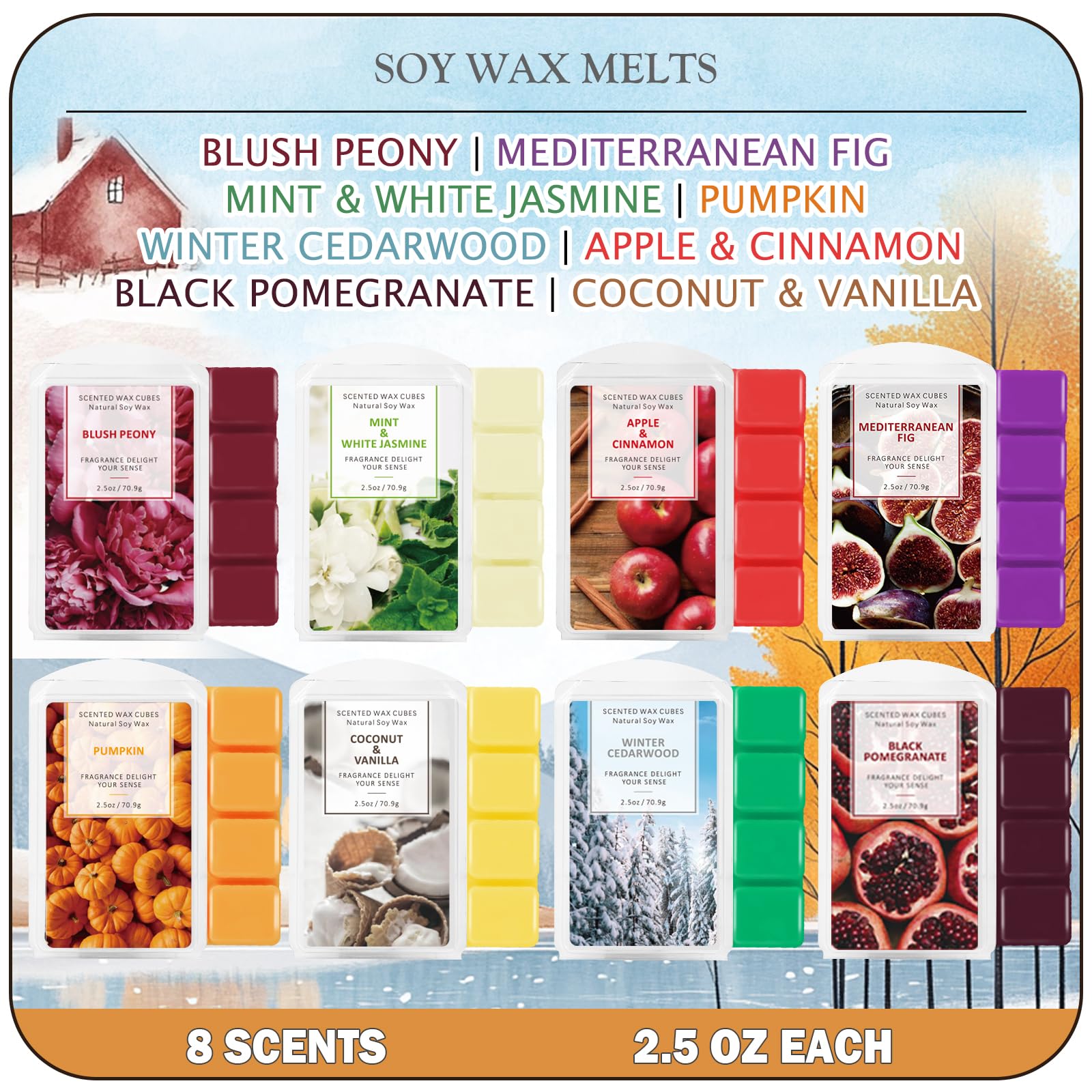 SCENTORINI Wax Melts, Scented Wax Melts, Vanilla & Coconut, Apple & Cinnamon, Pumpkin, Mint & White Jasmine, Winter Cedarwood, Black Pomegranate, Mediterranean Fig, 8x2.5 oz