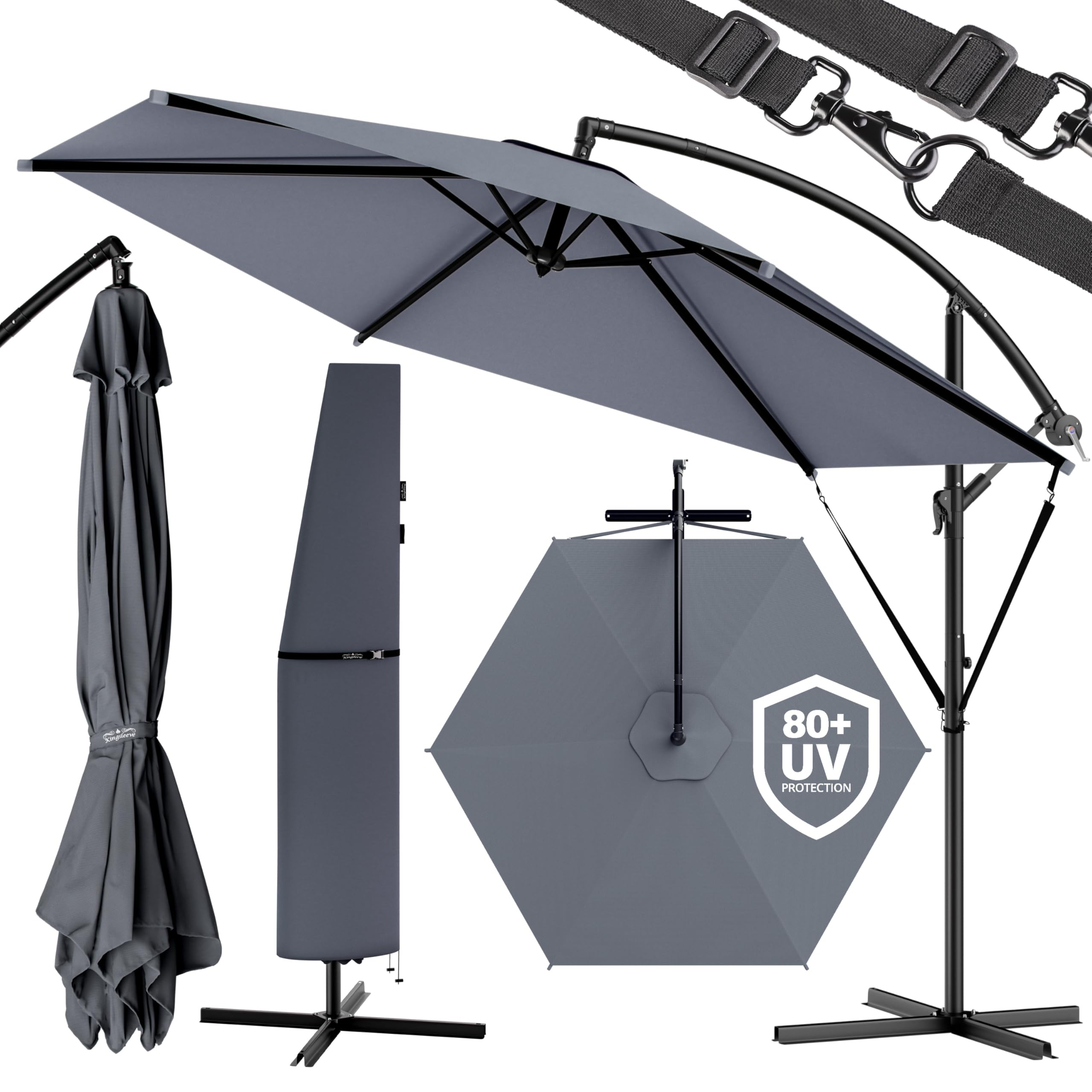 Kingsleeve® Sombrilla de Jardín Ø330cm Antracita Soporte Manivela Inclinable Protección UV 80+ y Antiviento Repelente al Agua
