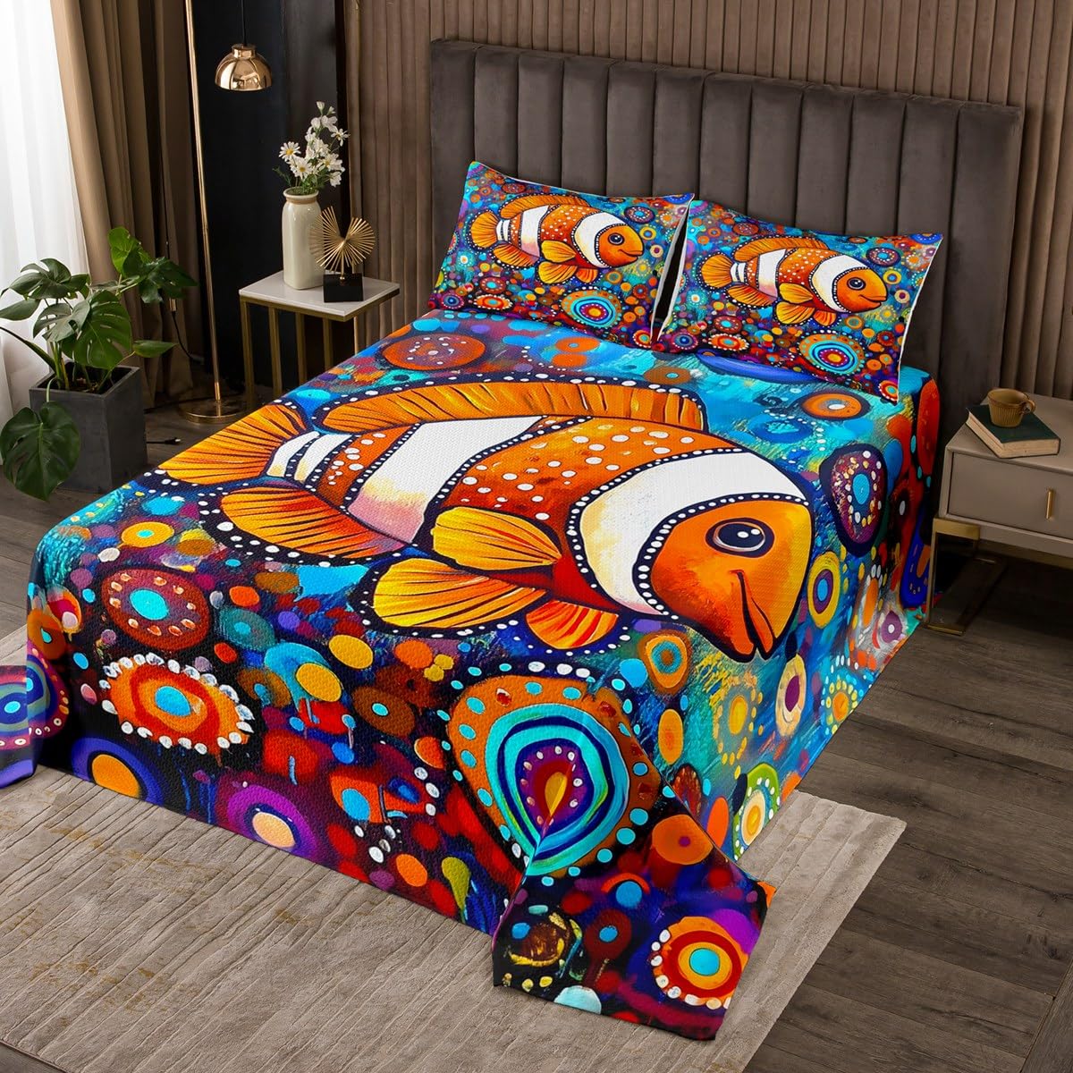 Clownfish Quilts Set for Kids,Coastal Sealife Boho Style 3Pcs Bedspread Bedding Set,Abstract Colorful Underwater World Bed Cover Set,Nautical Ocean Bedspread Coverlet with 2 Pillowshams (King Size)
