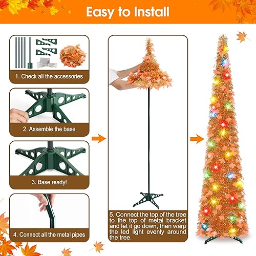 Miniatura 3 de Árbol de Navidad dorado de 5 pies, árbol de Navidad artificial con luces, oropel costero plegable, árbol de Navidad delgado para el hogar,