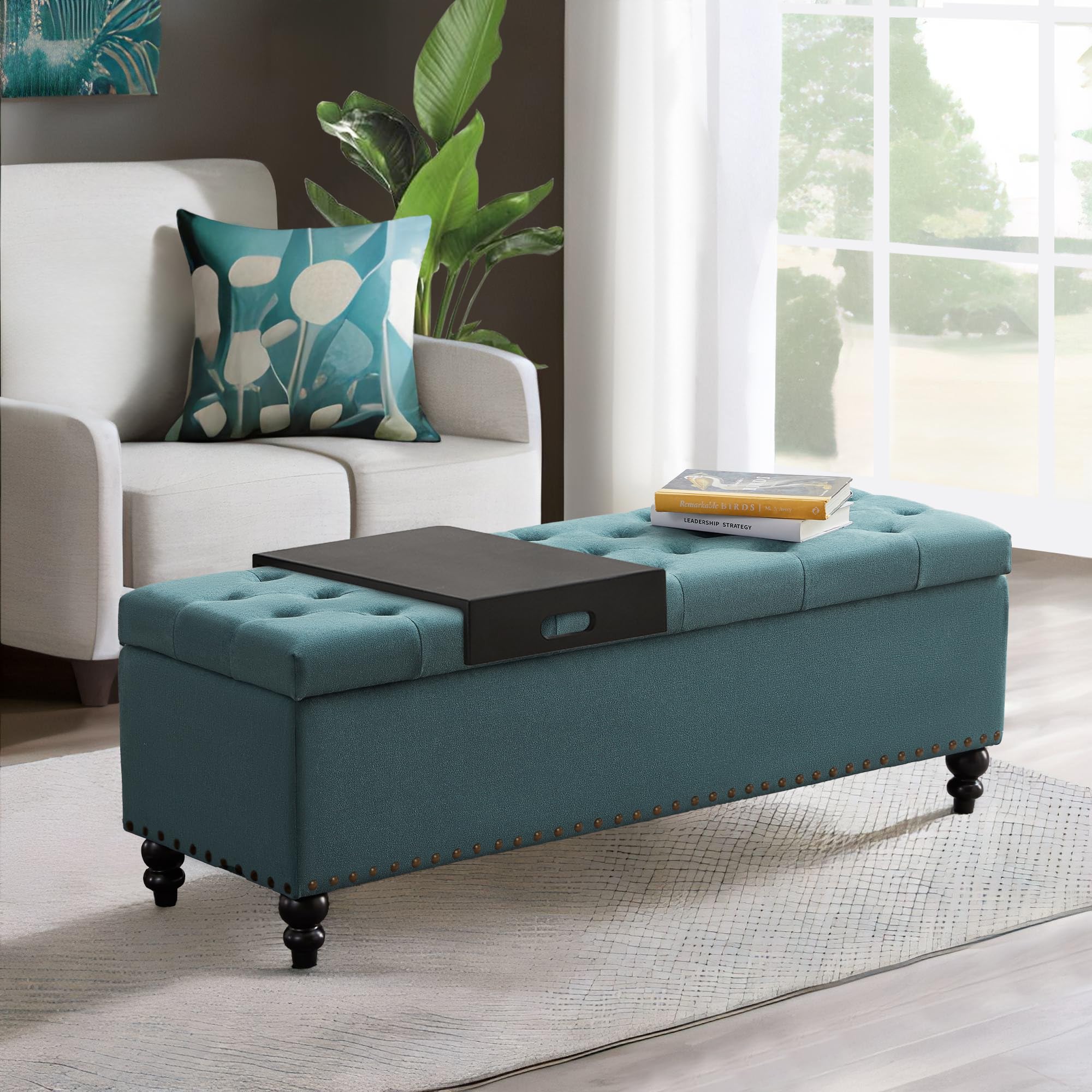 HUIMO 51-inch Storage Ottoman Bench with Removable Tray, Bedroom Bench with Button-Tufted, Safety Hinge Ottoman in Upholstered Fabrics, Large Long Bench for Living Room, Bedroom (Teal)