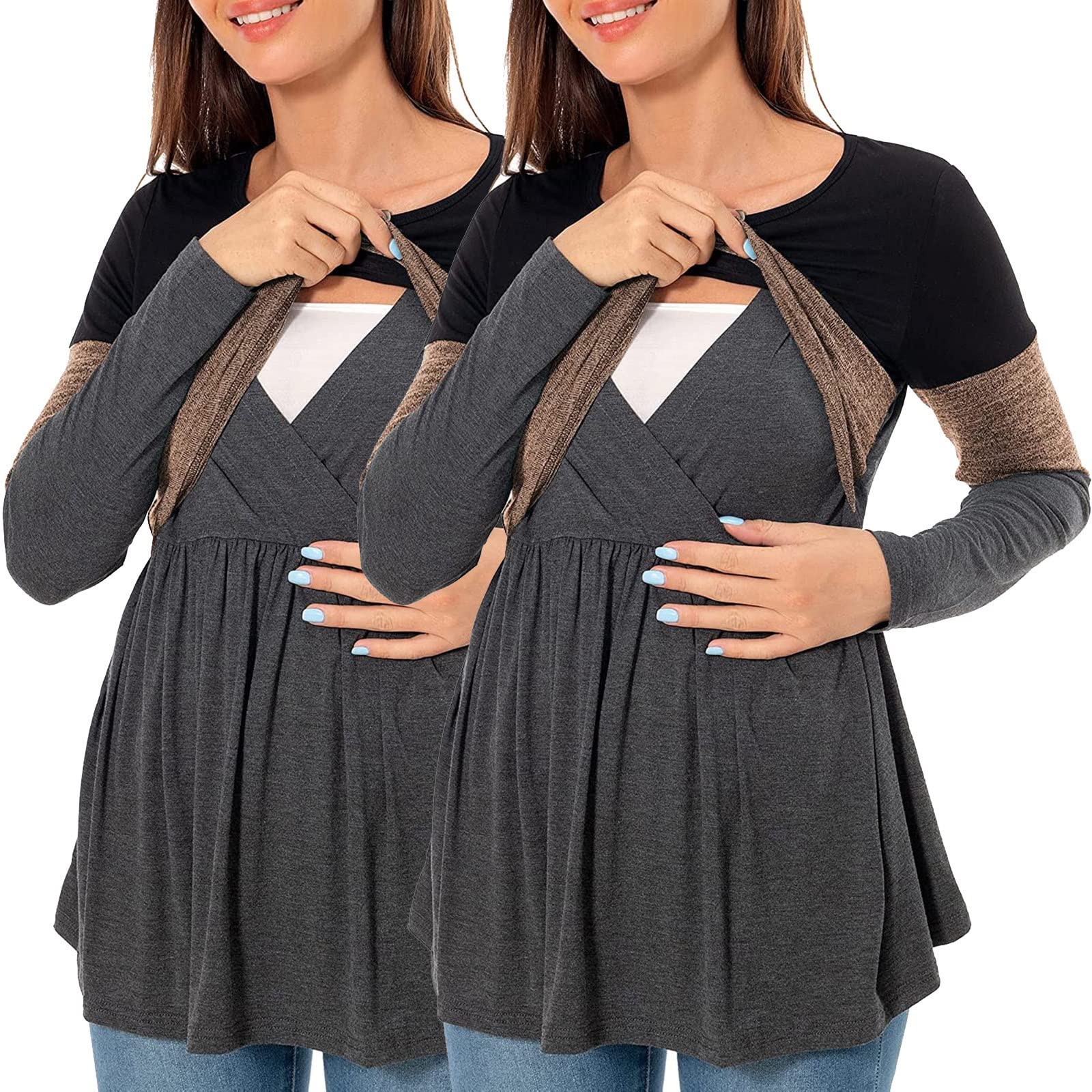 Lot de 2 t-shirts d'allaitement à manches longues et col rond pour femme enceinte