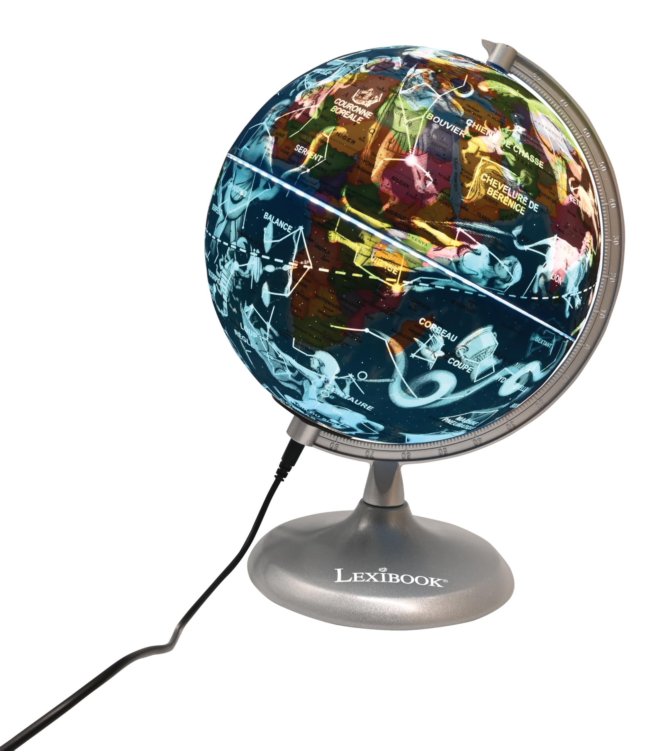 Lexibook, Globe Jour et Nuit Lumineux STEM, 2-en-1 Globe Le Jour Carte des contellations la Nuit, Bleu/Noir, NLJ185FR