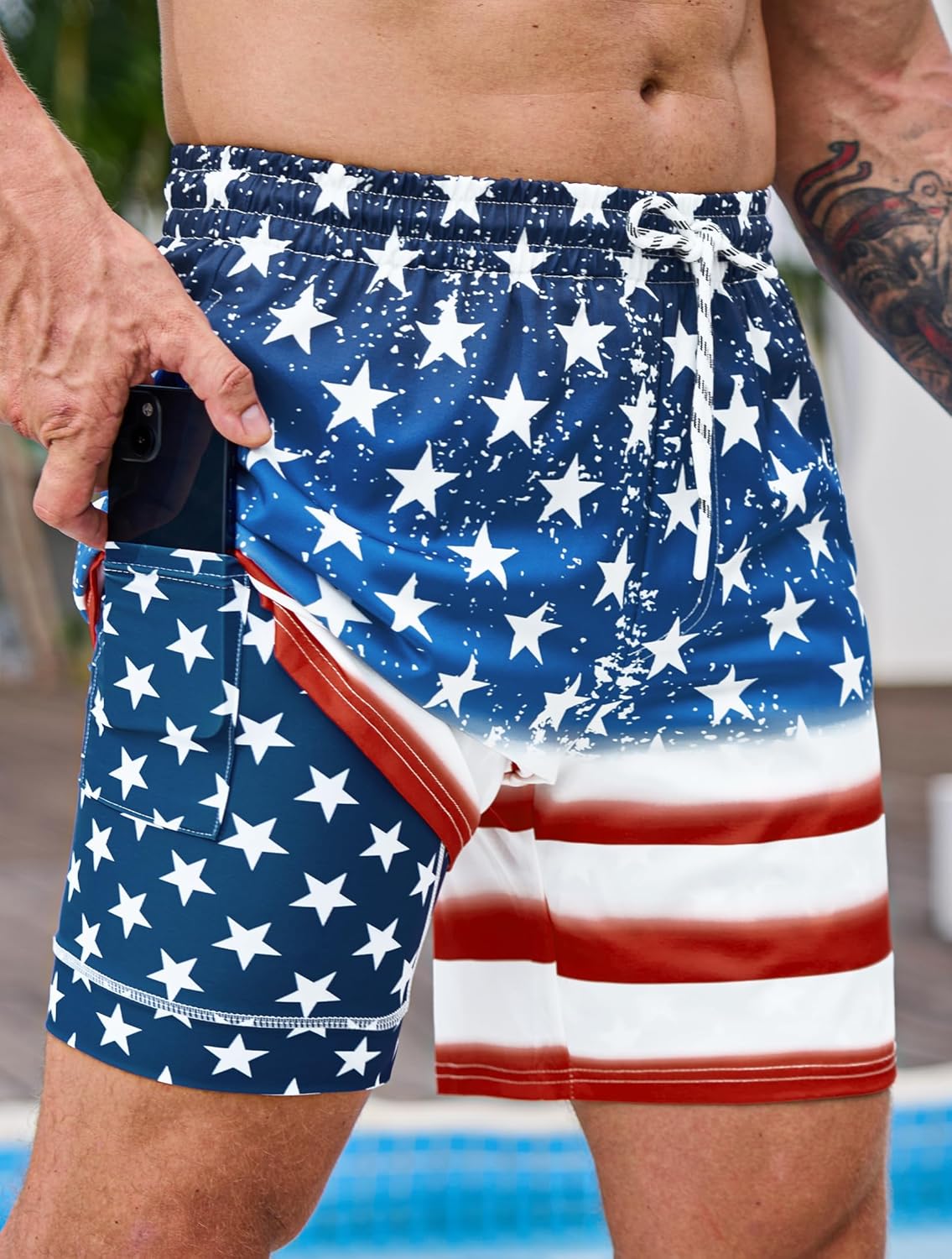 Mainfini Men's American Flag Swim Trunks 6" Inseam Board Short with Compression Liner (S-XXL)