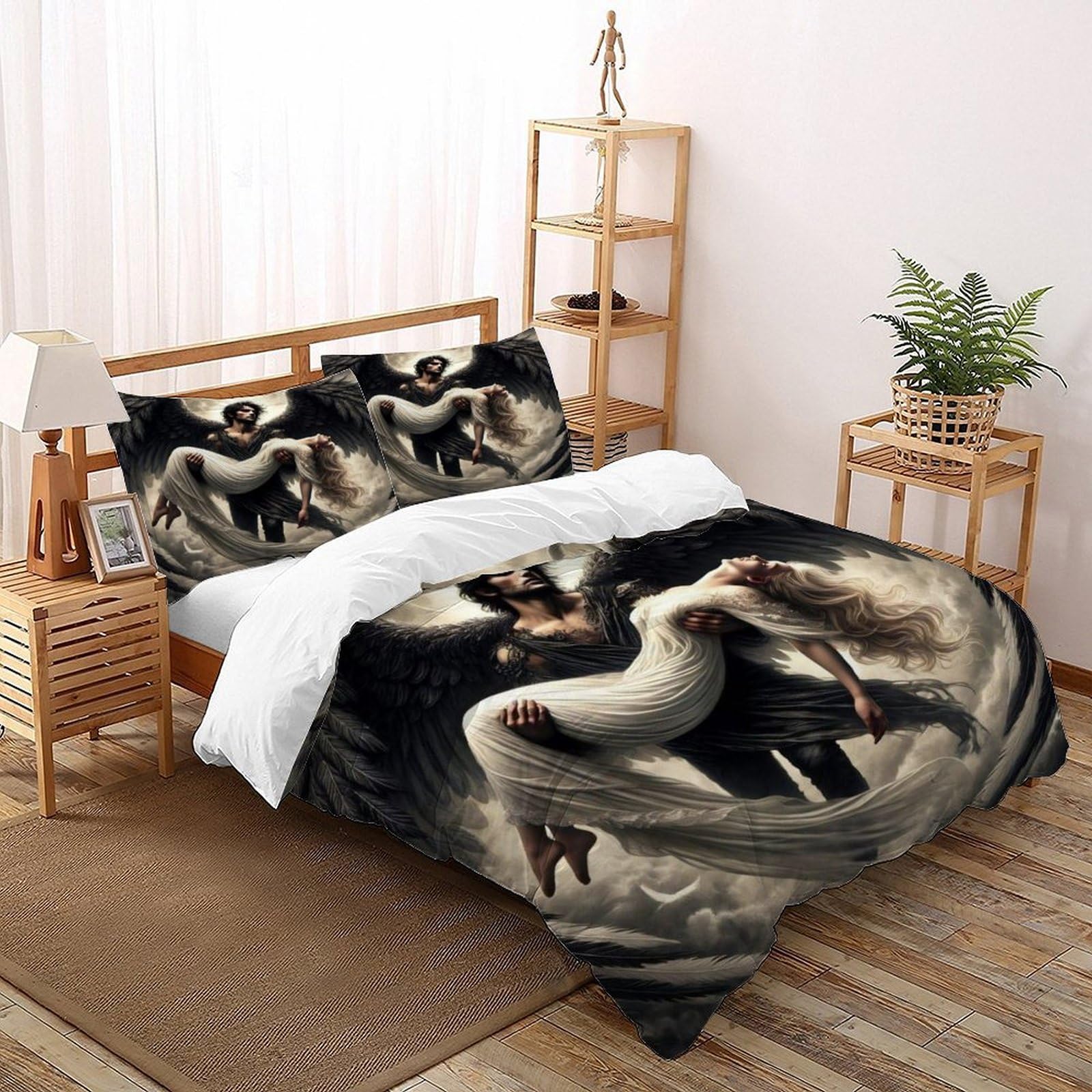 Black Wings White Bedding Set Theme Bedspread Gothic Themes Duvet Cover Set Microfiber Comforter Cover Universal for All Seasons with Pillowcase Double（200x200cm）