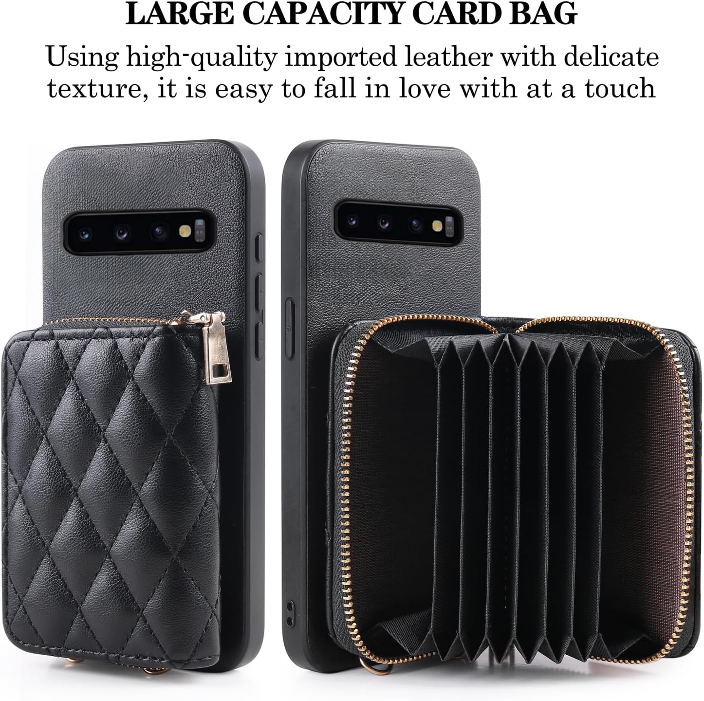 Argyle Wallet Cover for Samsung Galaxy S10 & Tempered Glass Screen Protector Shoulder Strap, PU Leather Zipper Organ Card Holder Stand Phone Case for S 10 Edge 10S GS10 X10 Women Girls Black