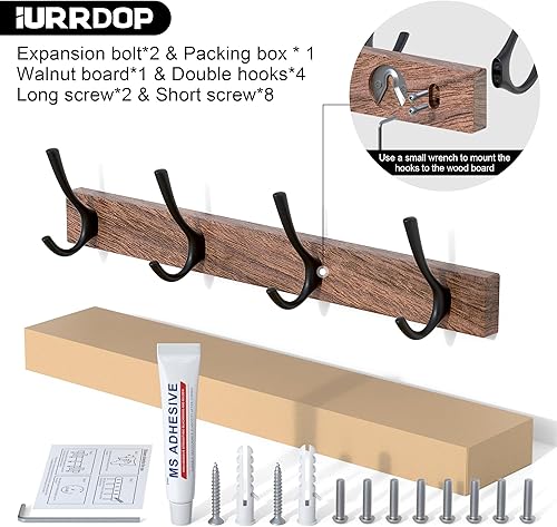 Miniatura 2 de Perchero de madera de nogal de 17 pulgadas con 4 ganchos dobles negros, ganchos de entrada montados con adhesivo, modernas clavijas de madera