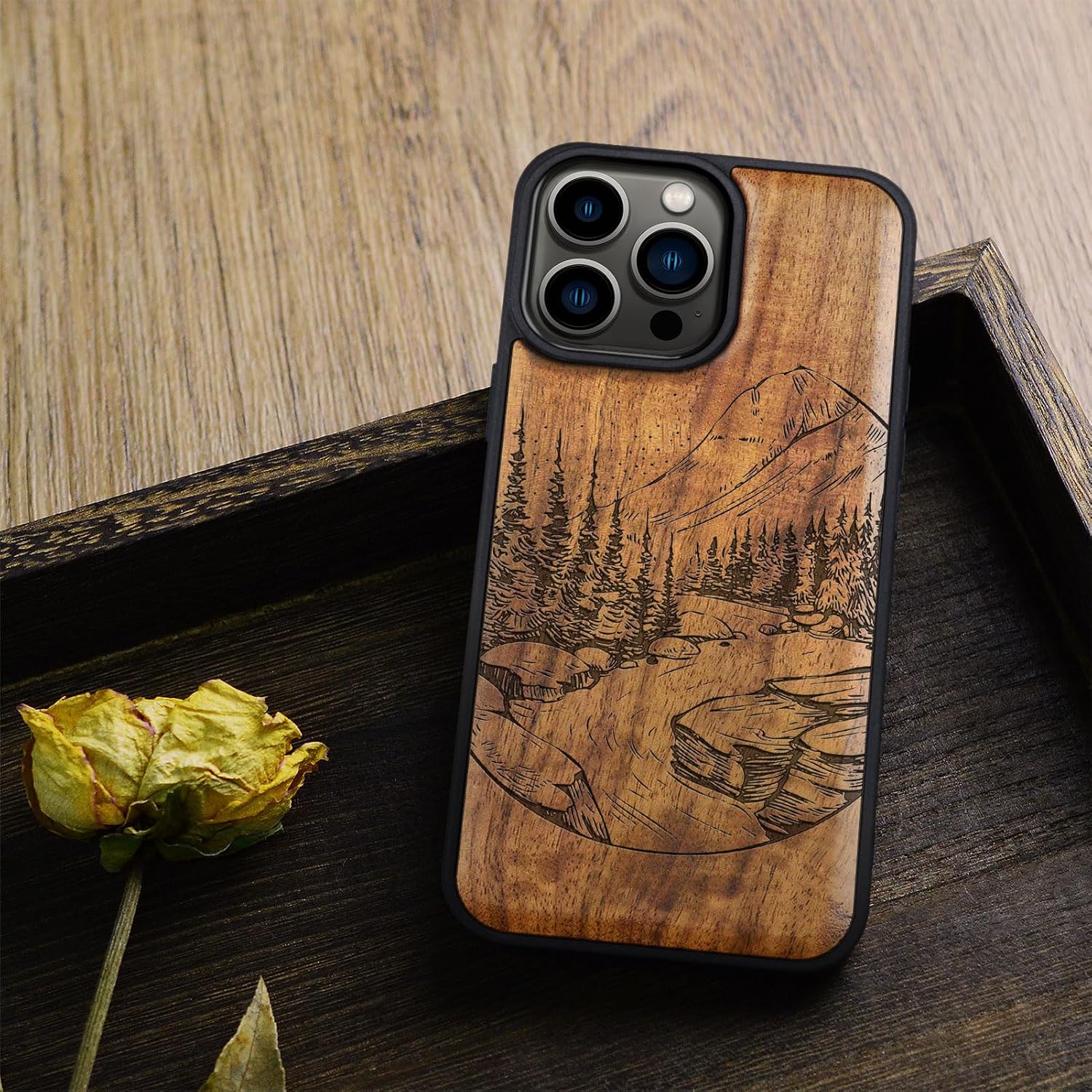 Carveit Magnetic Wooden Case for iPhone 15 Pro Max Case, Compatible with MagSafe Wireless Chargers, Black Soft TPU Shockproof Cover & Wood Artisan Engraved (Lake and Mountain) - Walnut