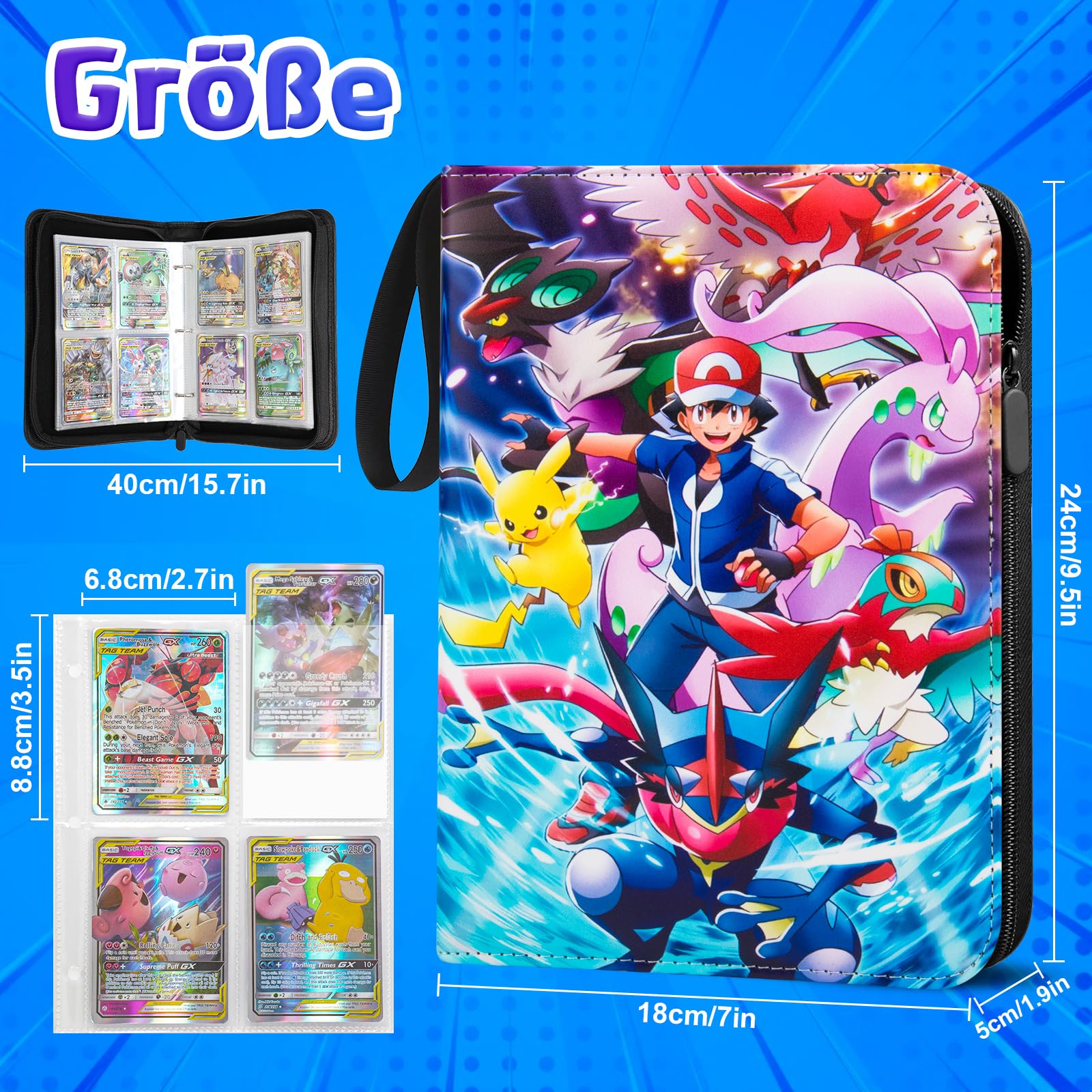 Álbum De Recortes Para Tarjetas Pokémon Con Fundas De 50 Hojas | Capacidad Para 400 Tarjetas, Cremallera Y Correa De Muñeca