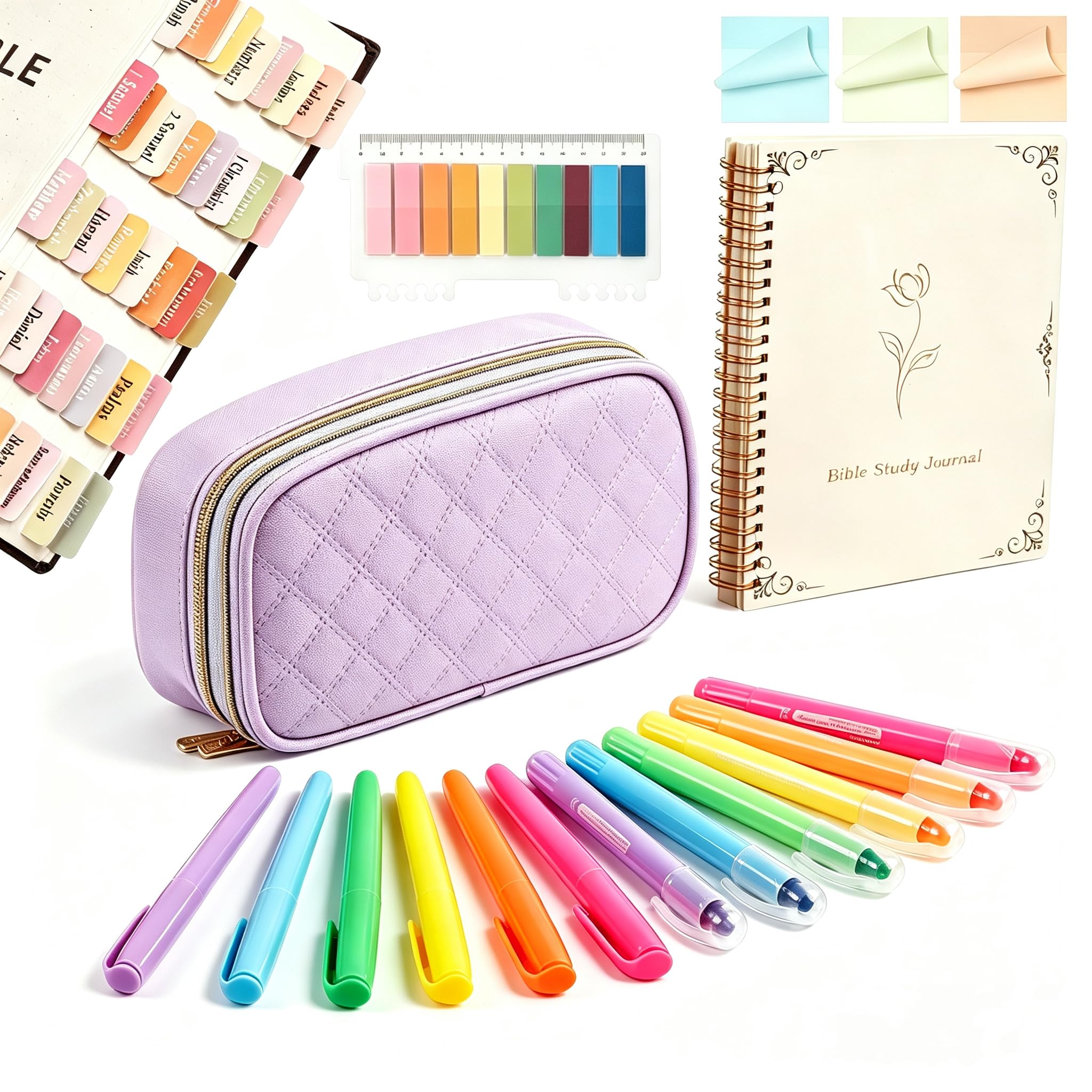 BellaHold Bibelstudium-Set für Frauen, Textmarker, Tabs und Aufbewahrungstasche | 30-teiliges Bibel-Tagebuch-Zubehör: Textmarker, Stifte, Tabs, großes Federmäppchen, Geschenk für Frauen und Mädchen