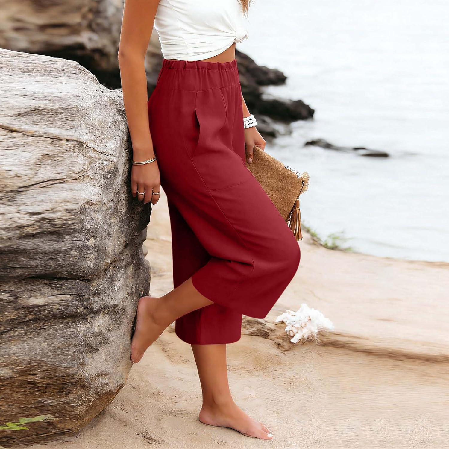 Cotton Linen Capri Pants for Women High Waisted Wide Leg Casual Lounge Pant Summer Beach Vacation Capris with Pocket