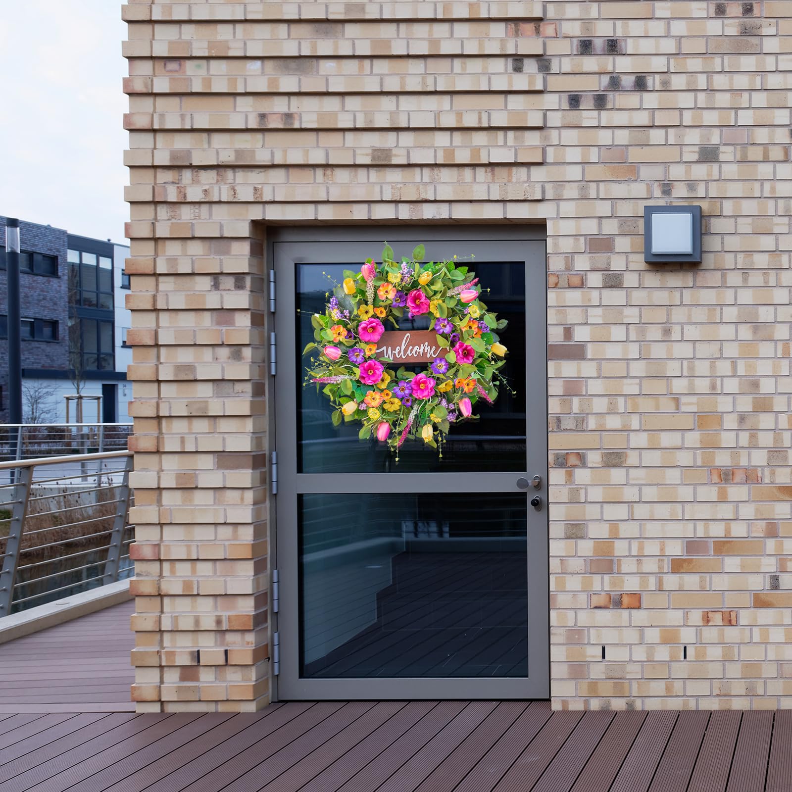 Pinkpuii Spring Wreaths for Front Door Outside – 24 Inch Artificial Tulip & Wildflower Summer Wreath with Green Eucalyptus Leaves and Welcome Sign- Indoor Outdoor Farmhouse Home Porch Wall Decor