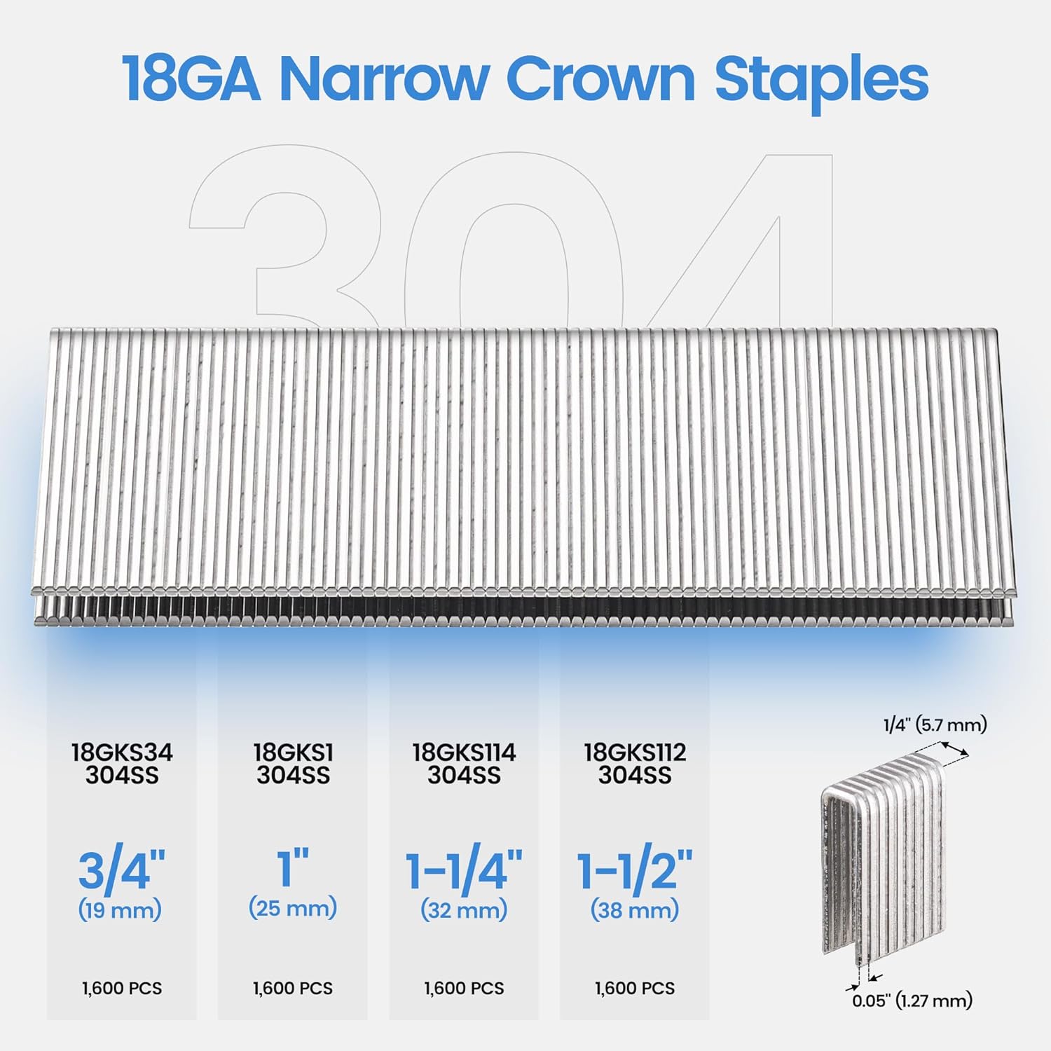 meite 18 Gauge 1/4-Inch Narrow Crown Staples, 1-1/2" Length 304 Stainless Steel Staples for Heavy Duty and Upholstery (1,600 Counts)