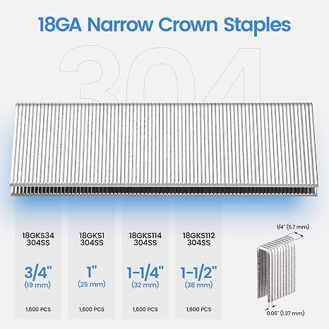 meite 18 Gauge 1/4-Inch Narrow Crown Staples, 1-1/4 Length 304 Stainless Steel Staples for Heavy Duty and Upholstery (1,600 Counts)