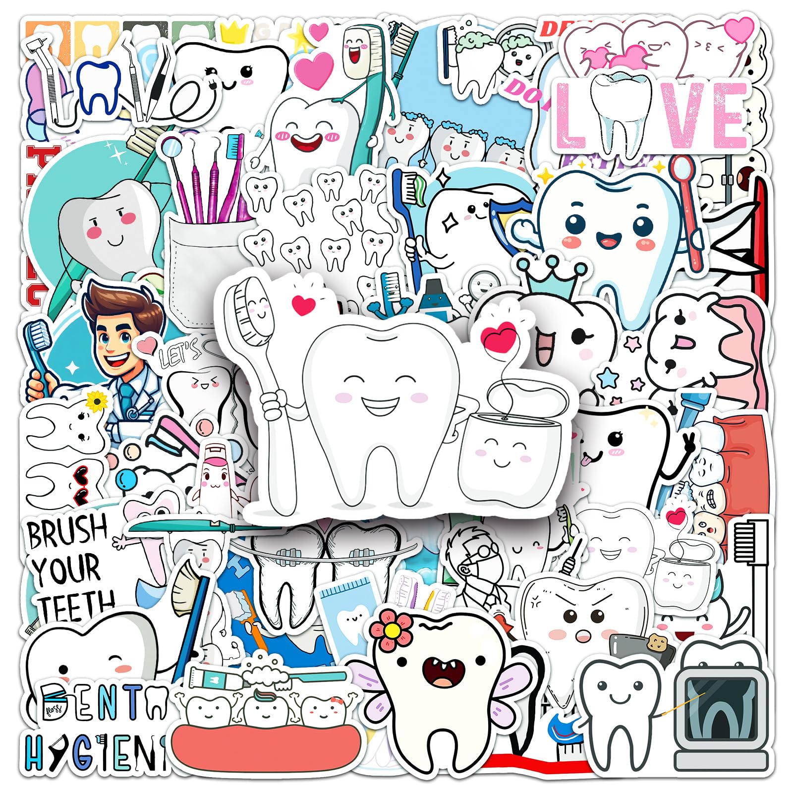 Cartoon Zahnärztliche Aufkleber Tooth Stickers 50 Stück Skateboard Graffiti Aufkleber Motorräder Fahrrad Snowboard Gepäck Laptop Auto Koffer für Kinder und Jugendliche Wasserdichte Vinyl Aufkleber