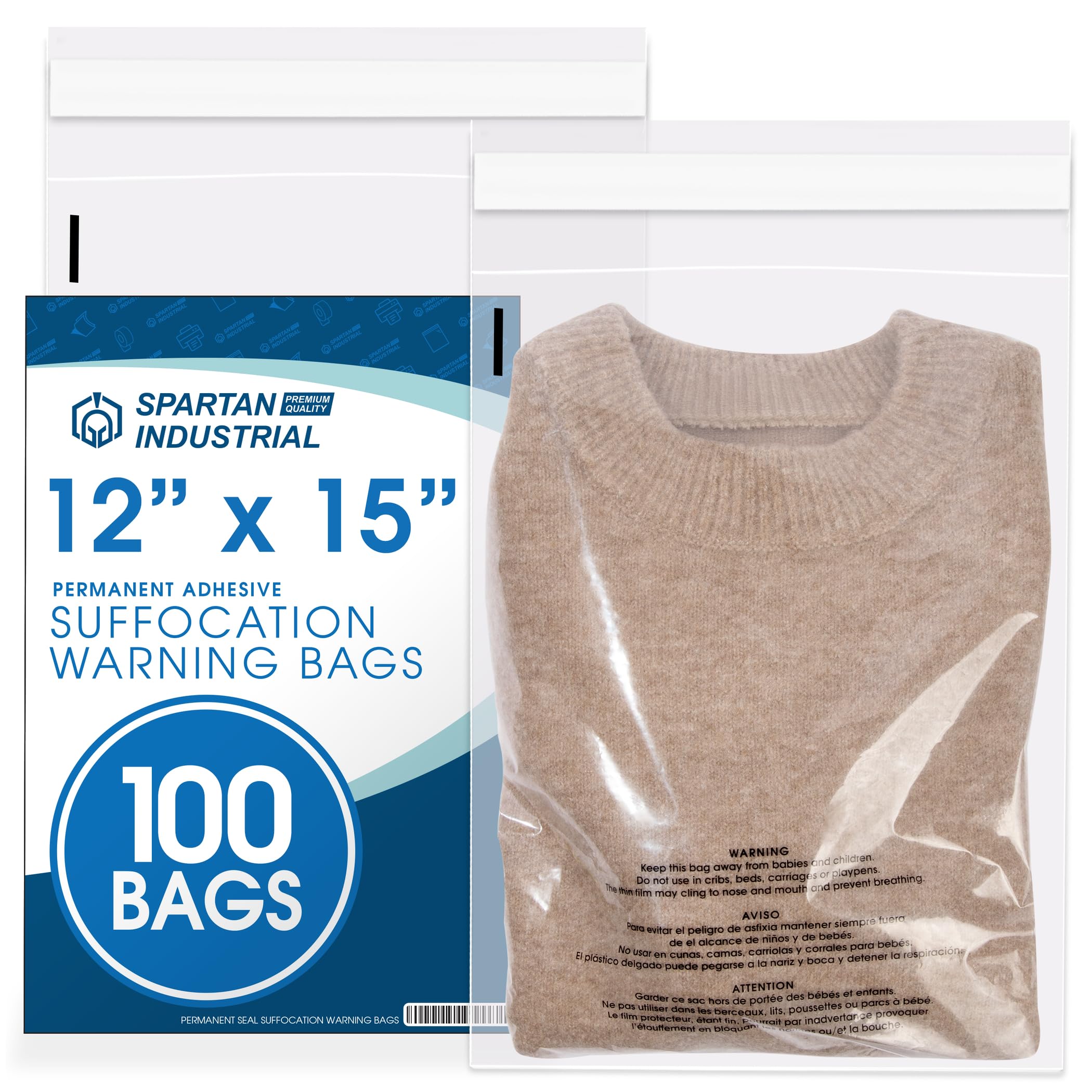 Spartan Industrial - 12” X 15” (100 Count) Self Seal Clear Poly Bags with Suffocation Warning for Packaging, T Shirts & Shipping - Permanent Adhesive