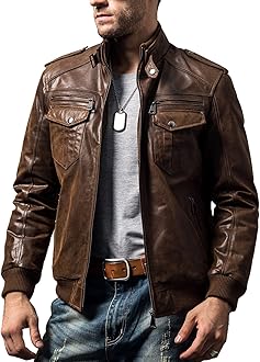 FLAVOR Men Biker retro Brown Leather Motorcycle Jacket Genuine Leather jacket