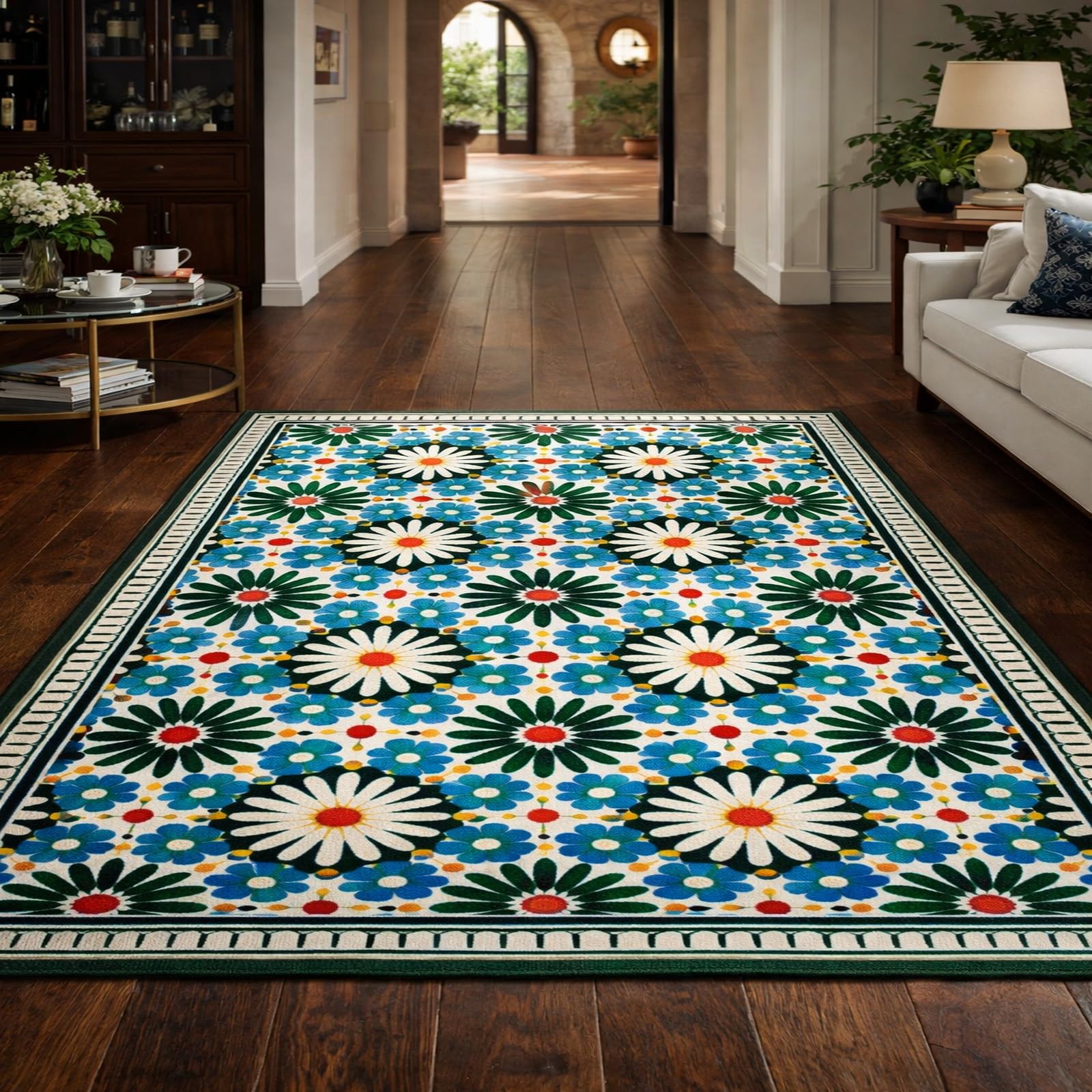 Alfombra de baño y pasillo lavable de 140x160 cm con estampado geométrico verde