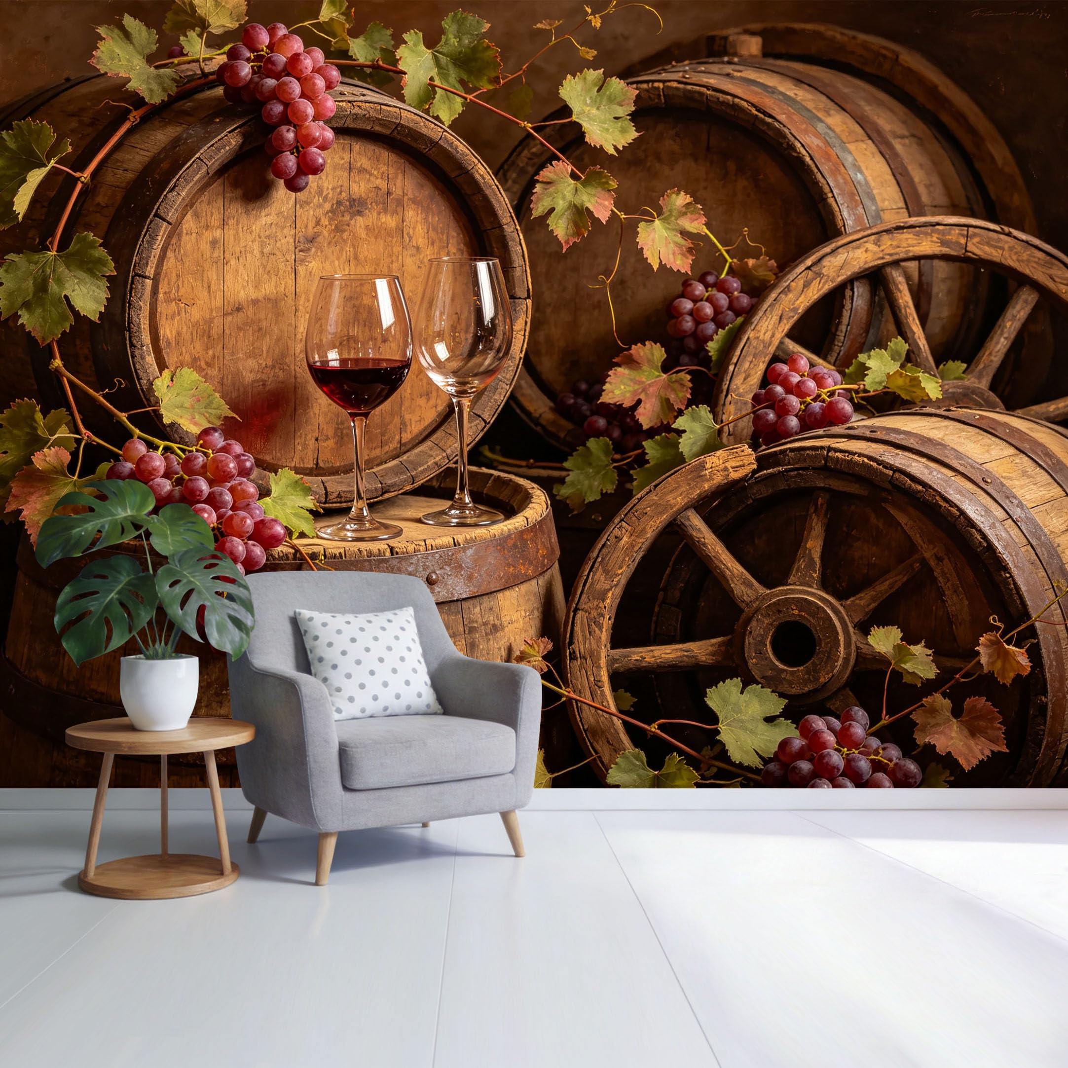 Custom Size Wall Mural Wine Barrels Grapes Vineyard Rustic Cellar Vintage Western Still Life SelfAdhesive Wall Fabric Removable Wallpaper for Home Office Decor