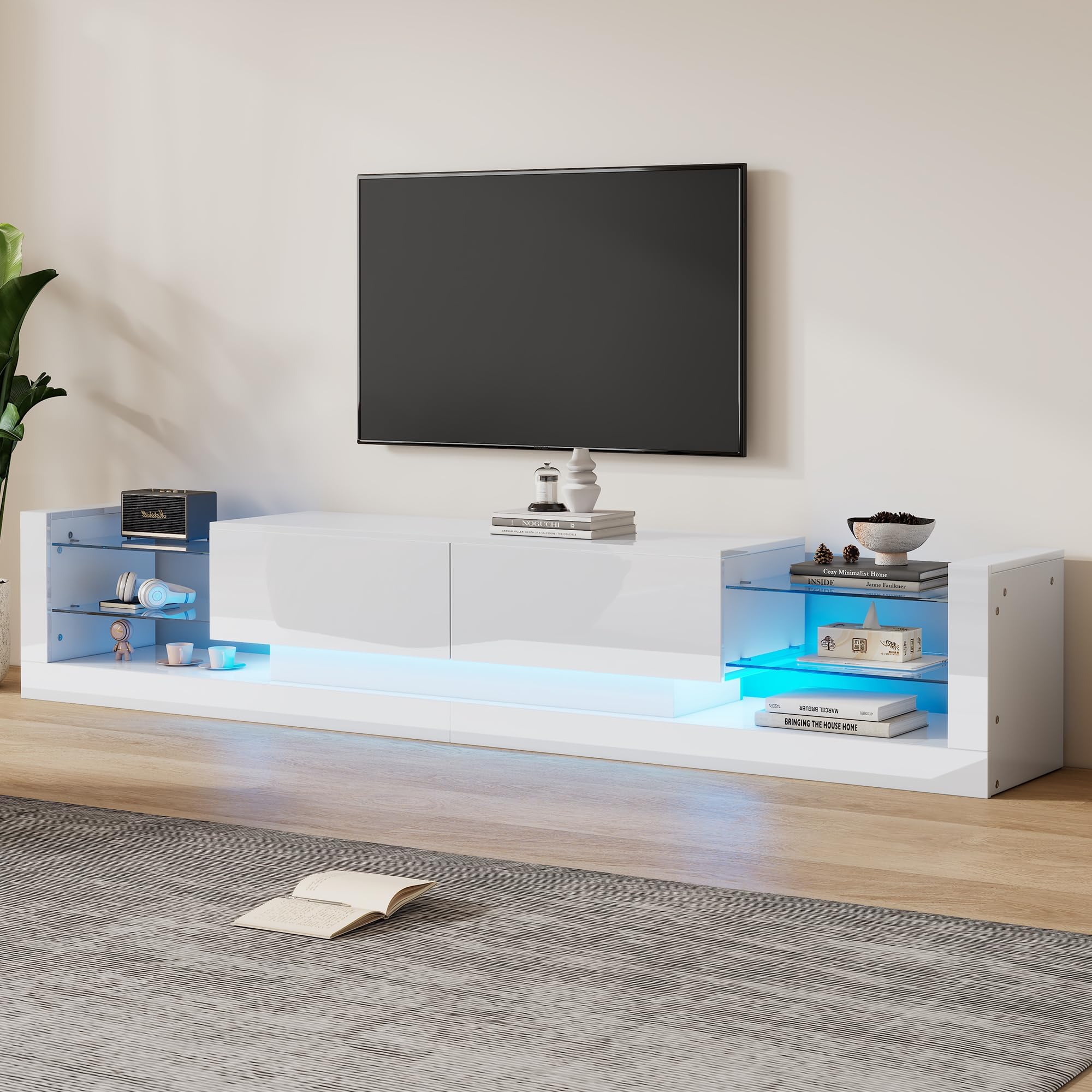 BTM TV Stand Cabinet with 2 Closed Sliding Door and Open Glass Storage, TV Stand with LED Lights and High Gloss Panel for TV up to 75 inch, 181x38x38cm, White
