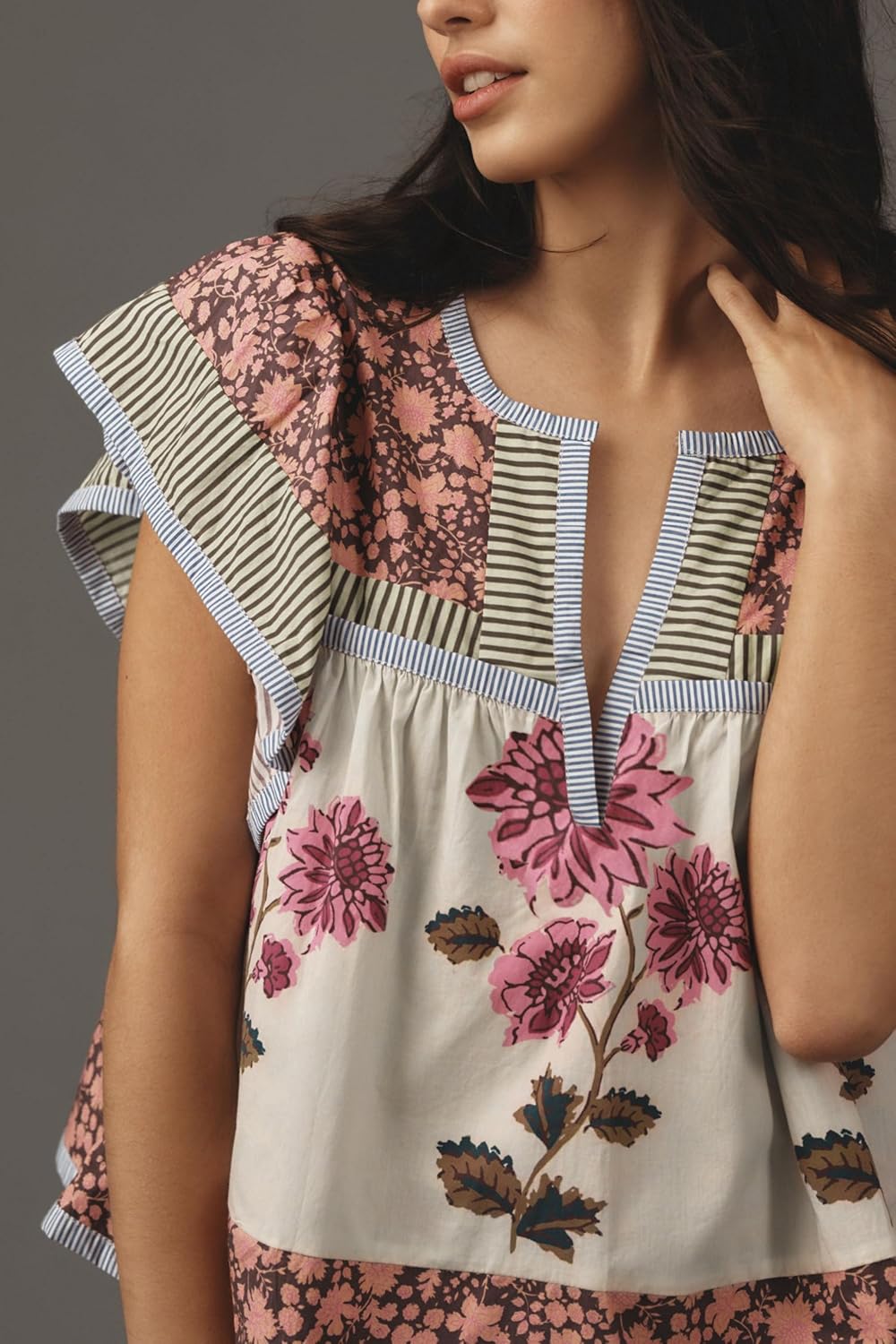 Womens Summer Floral Boho Tops Flutter Cap Short Sleeve V Neck Patchwork Y2K Peplum Babydoll Blouse Shirts - Image 2