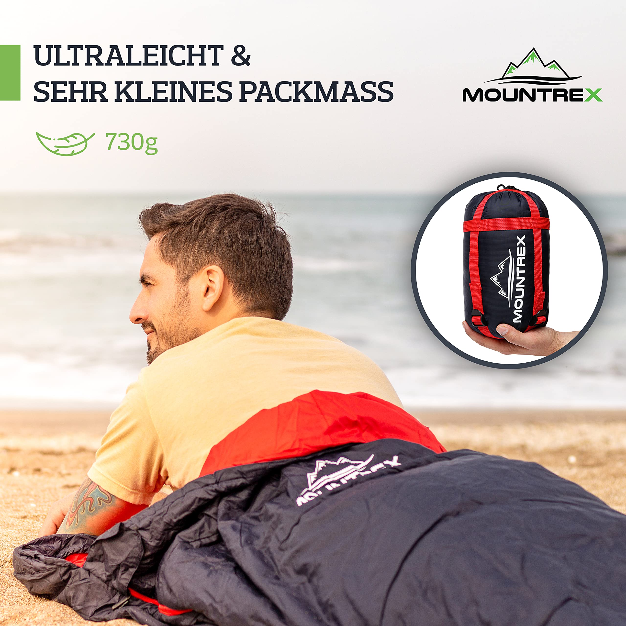 MOUNTREX® Sac de couchage - Petite taille une fois replié et ultra léger (730 g) - Sac de couchage d'été - Pour l'extérieur, le camping, les voyages, les festivals - Peut être couplé