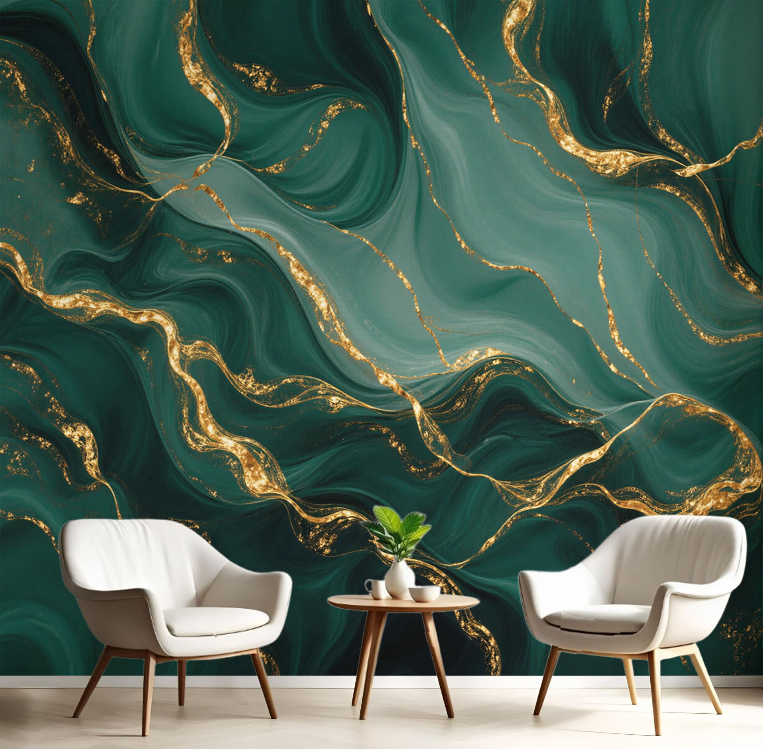 Papier Peint Marbre Veiné D'Or 3D panoramique vert foncé pour chambre et revêtement mural