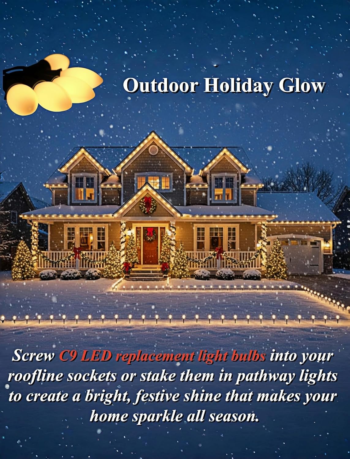 White Christmas Light Replacement Bulbs,25 Pack Plastic Shatterproof Warm White LED Light Bulbs,C9/E17 Base,0.6W Great for Indoor Outdoor Christmas Balcony,Backyard