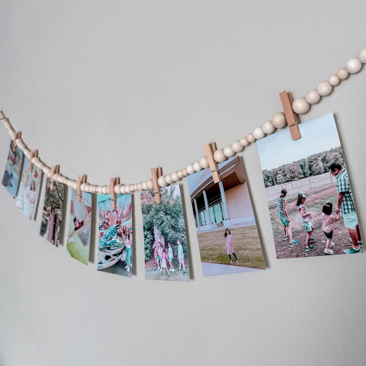 Deco Azul Wooden Bead Garland with clothespins, wall Bedroom Decor, Hanging Photo Display with Clips, Polaroid Picture Display, Boho Nursery Decor, Kids Art Display (Natural Wood + 8 clothespins)