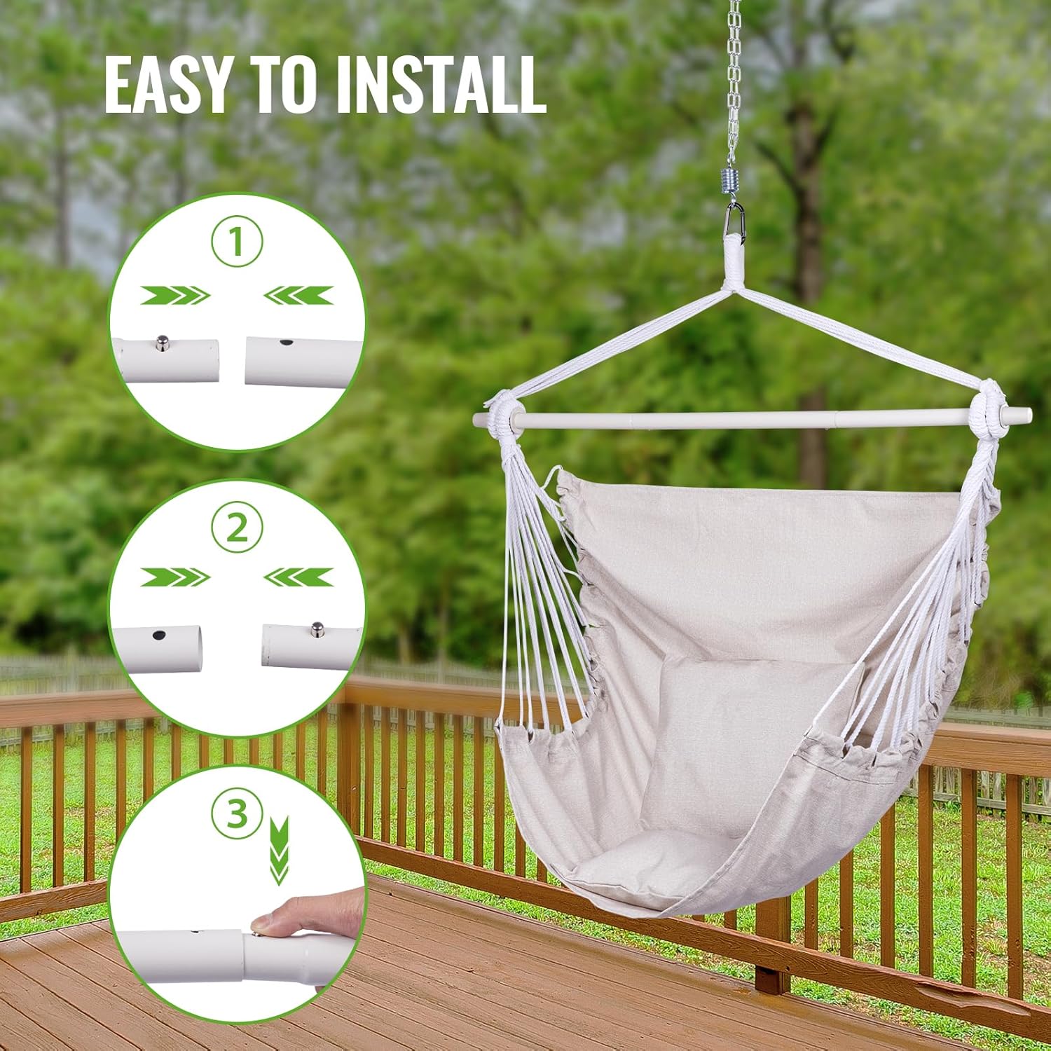 Backyard Expressions Hanging Hammock Chair Swing with Cushions & Hanging Kit – 500 lb Capacity, Cotton Blend Fabric, for Indoor/Outdoor Use – Includes Chain, Hooks & Spring – 5 Colors - Image 6