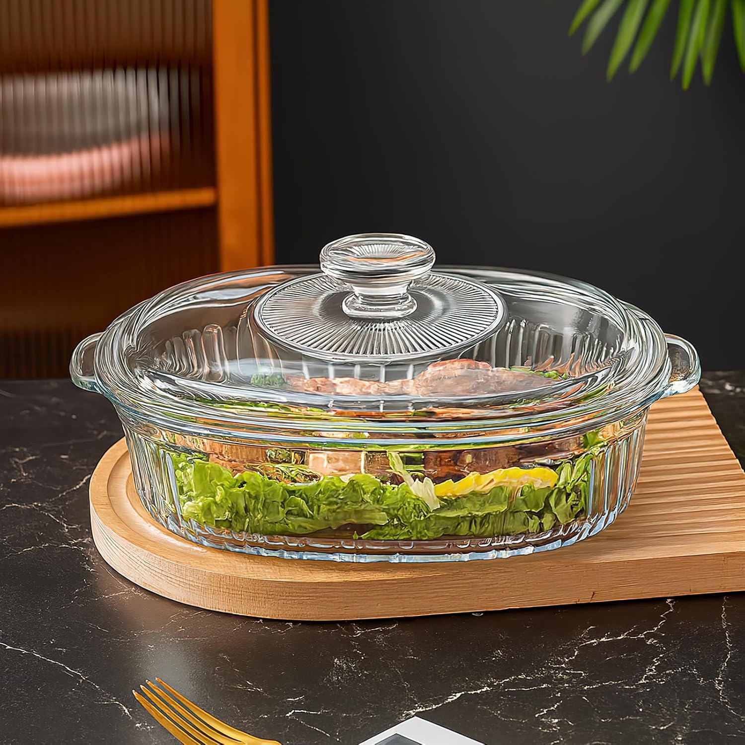 Set di 2 pirofile in vetro con coperchio per forno, 1,9 l e 3 l – Pirofila ovale scanalata in vetro per cuocere lasagne, casseruole, avanzi, cucina e cucina