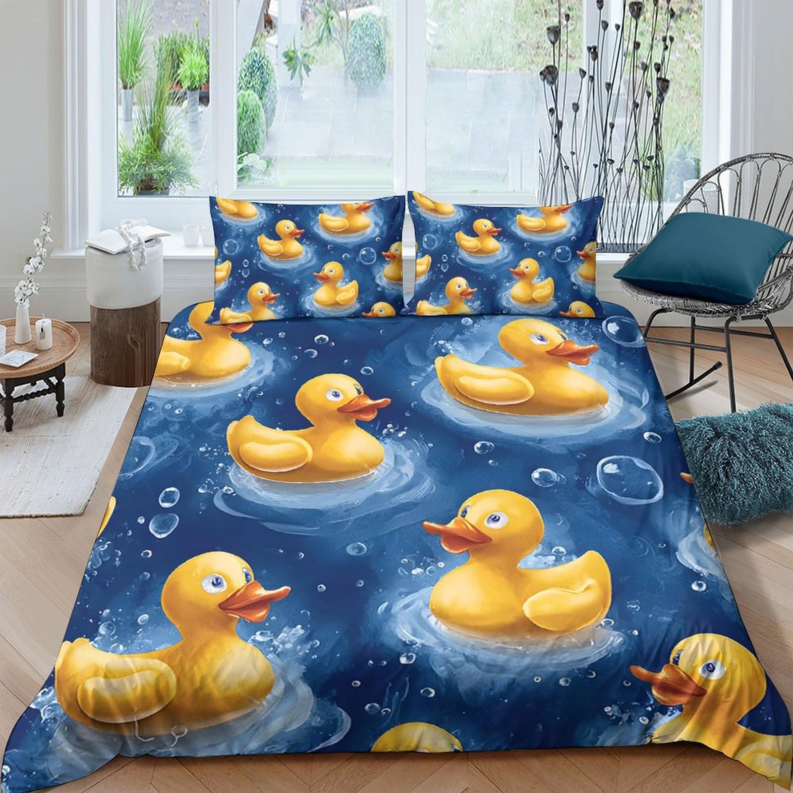 Ctjqhvkz Style-8 3D Printed Rubber Duck Fitted Sheet Microfiber Soft Blue Water Bed Cover For Bedroom Guest Room Dorm Decor Single（135X200cm）