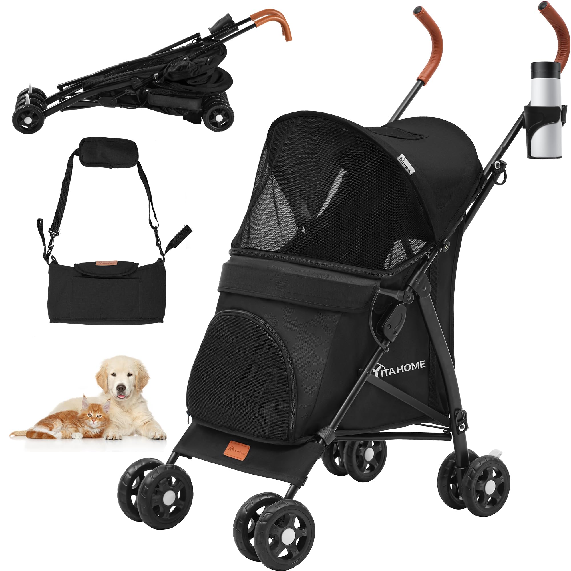 YITAHOME Cochecito para Mascotas Plegable, Carrito para Perros Desmontable con Ventanas de Malla para Perros Gatos Pequeñitos, Carga 11.3 kg, con Cinturón de Seguridad, Cojínes y Bolsa (Negro)