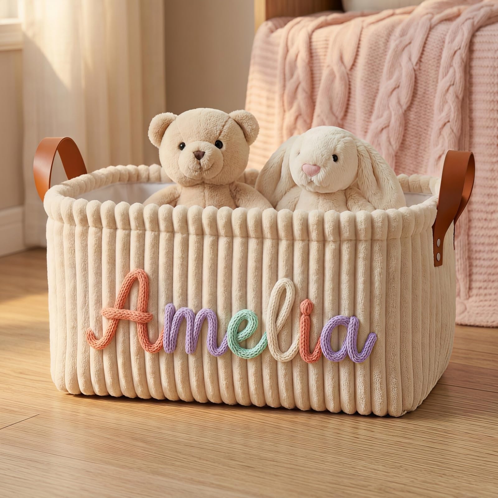 Personalized Baby Gift Basket With Custom Name, Corduroy Diaper Storage Bin, Nursery Organizer Box, Keepsake Gift For Newborn Boy & Girl, New Mom(Beige)