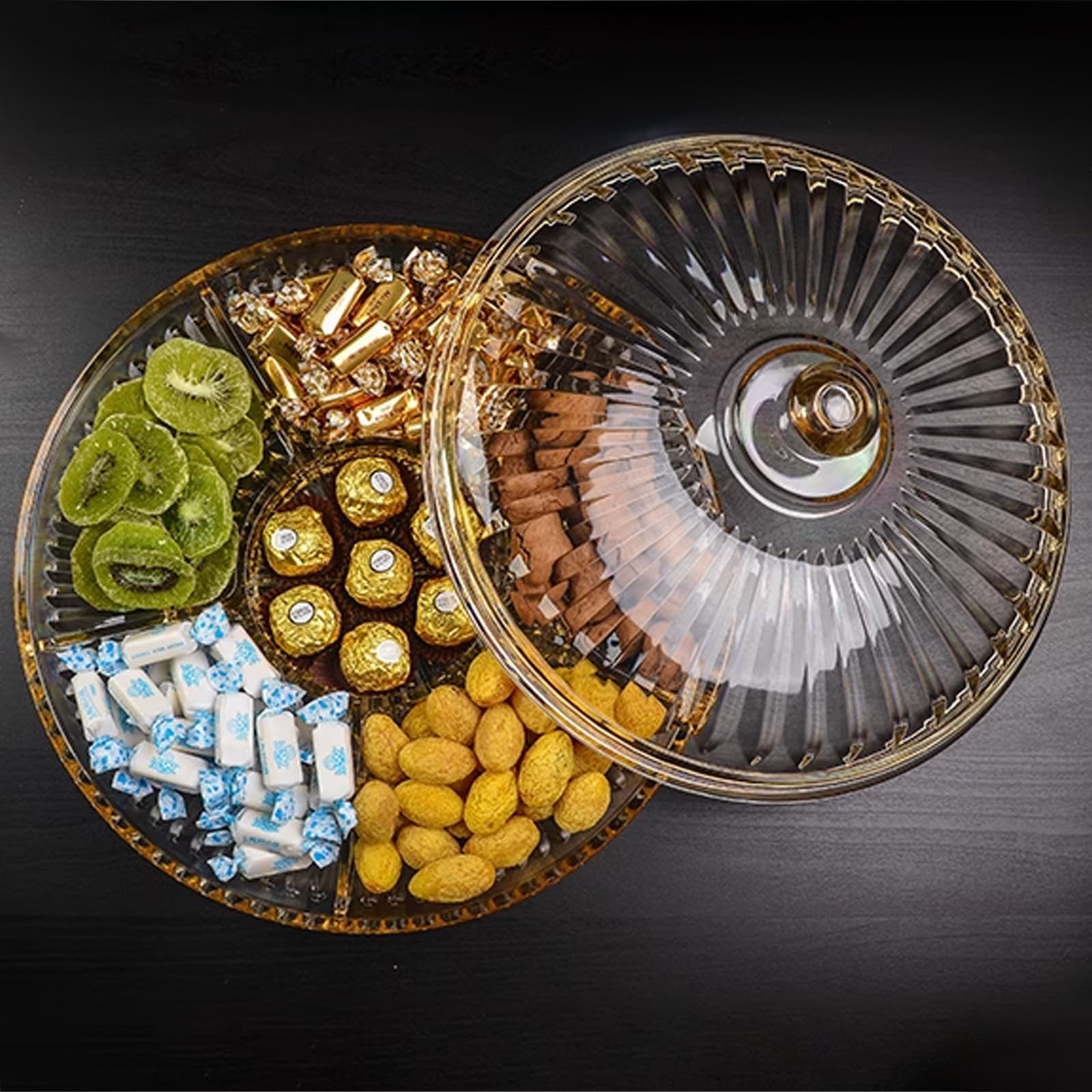 Bandeja de aperitivos multifuncional de acrílico creativo con tapa, platos para servir frutas secas, nueces, dulces, frutas, 6 compartimentos (ámbar)