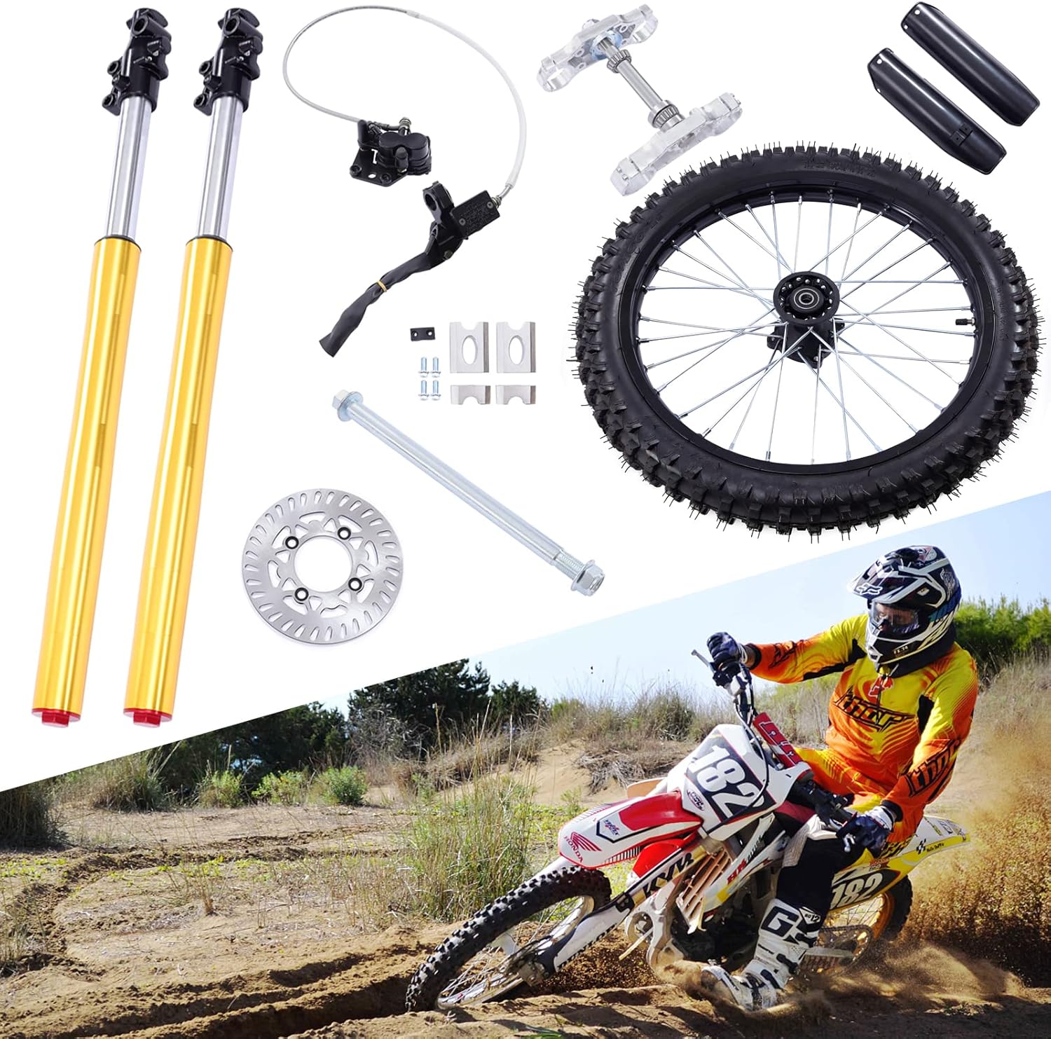 70/100-19 Front Wheel Kit with Front Forks Shock Disc Brake & Commutator Complete Assembly for Dirt Bike Pit Bike Off Road Motorcycle