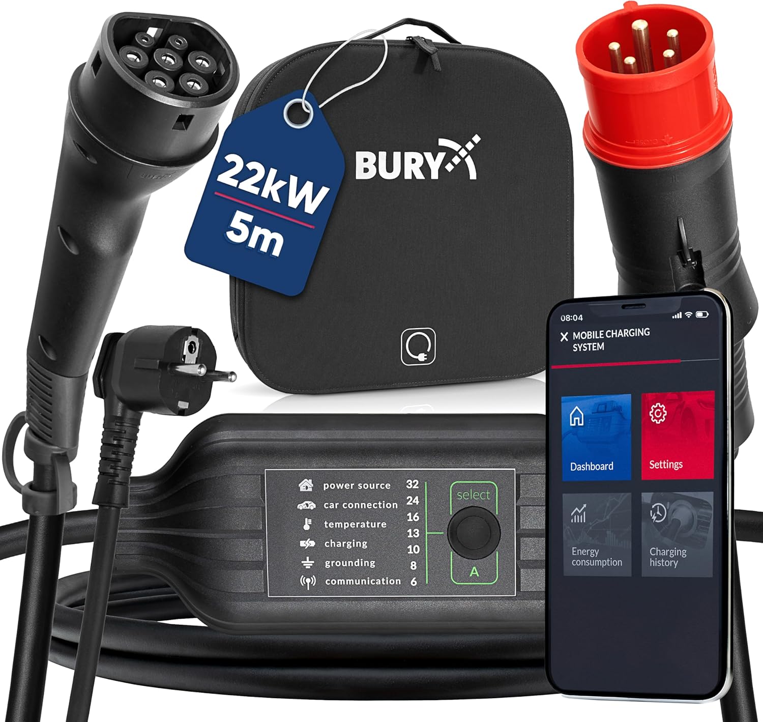 BURY® PowerFlash 9050 EV Charging Cable with App, 22 kW Mobile Charging Cable with Type 2 Adapter, Schuko, Length approx. 5 m, Includes Case, with Optional Stand for Use as a Box