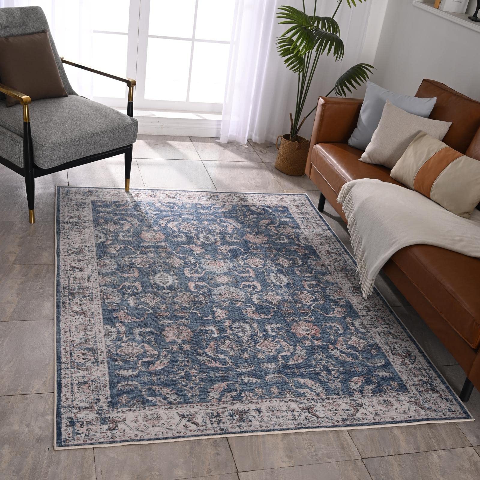 Wemina Vintage Boho Area Rug Non-Slip Distressed Floral Printed Rug Front Door Living Room Bedroom Dining Room Accent Carpet?2' x 3'?Blue