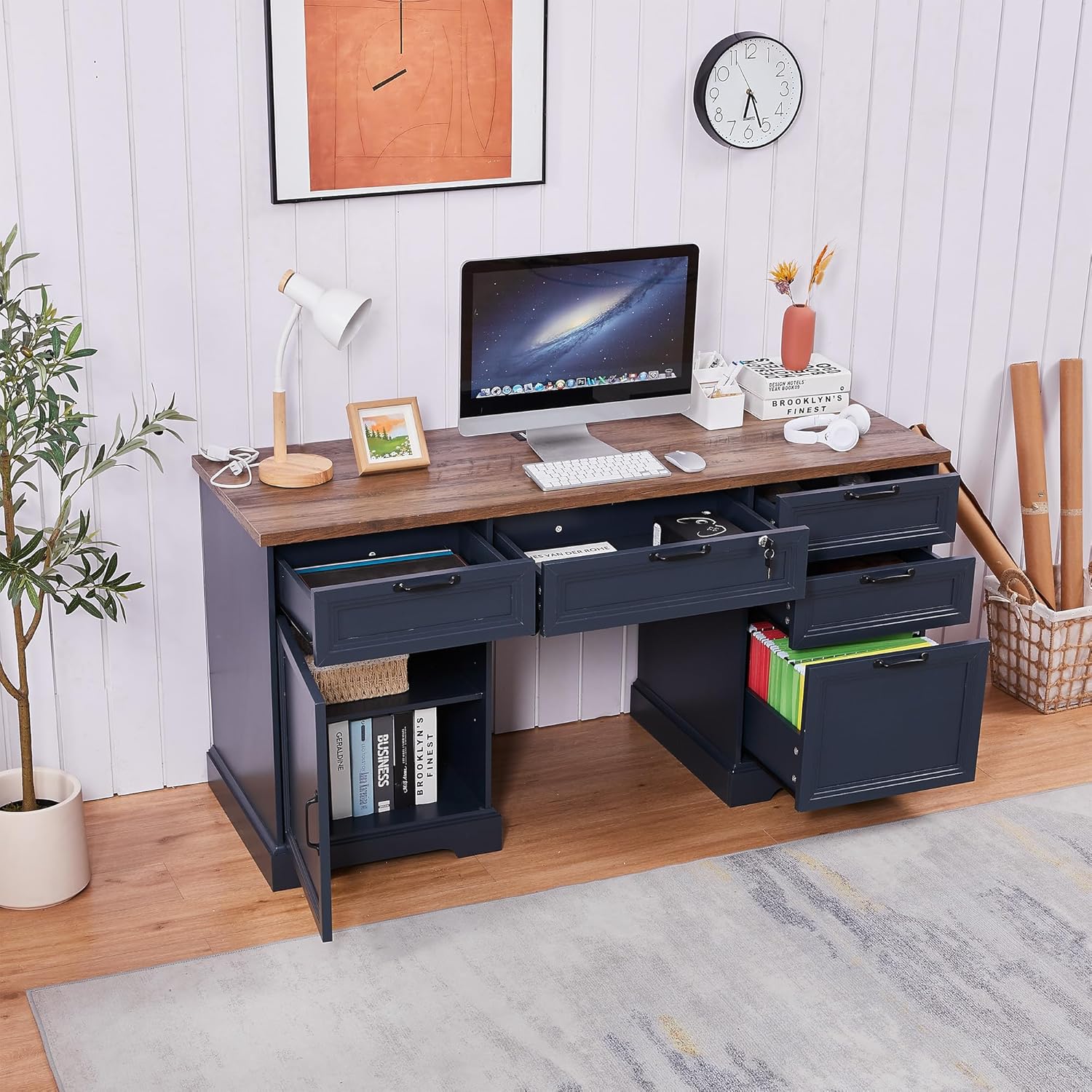 60" Farmhouse Executive Desk with Charging Station,Home Office Desk with 4 Drawers & 1 Cabinet&1 File Cabinet,Main Drawer with Lock,Wood Desk for Office and Home