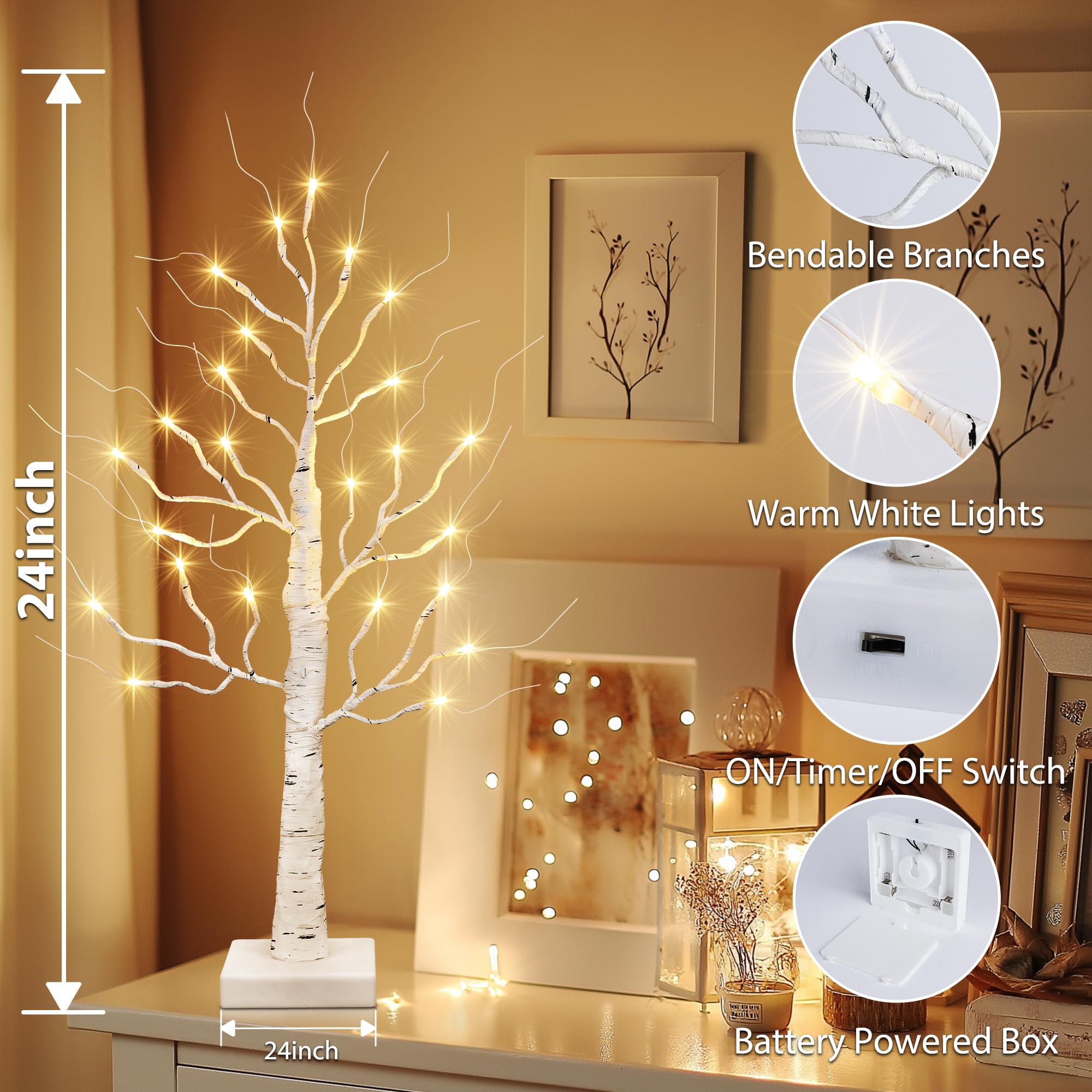 iBaycon 2 Pack 2FT Birch Tree Lights, 24 LED Battery Operated Mini Artificial Tree Lights with Timer, Tabletop Centerpieces Trees for Christmas Holiday Home Party Indoor Decorations