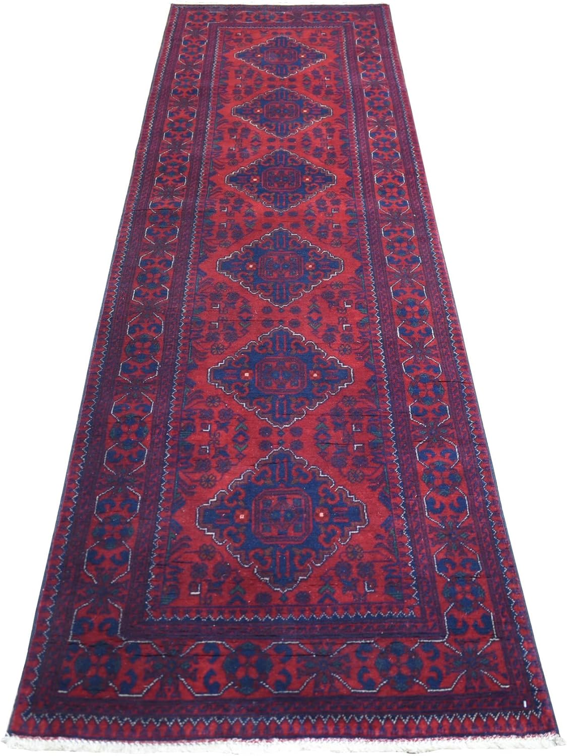 Deep and Saturated Red Tribal Design Velvety Wool Afghan Khamyab Hand Knotted Runner Oriental Rug (2'9"x9'7")