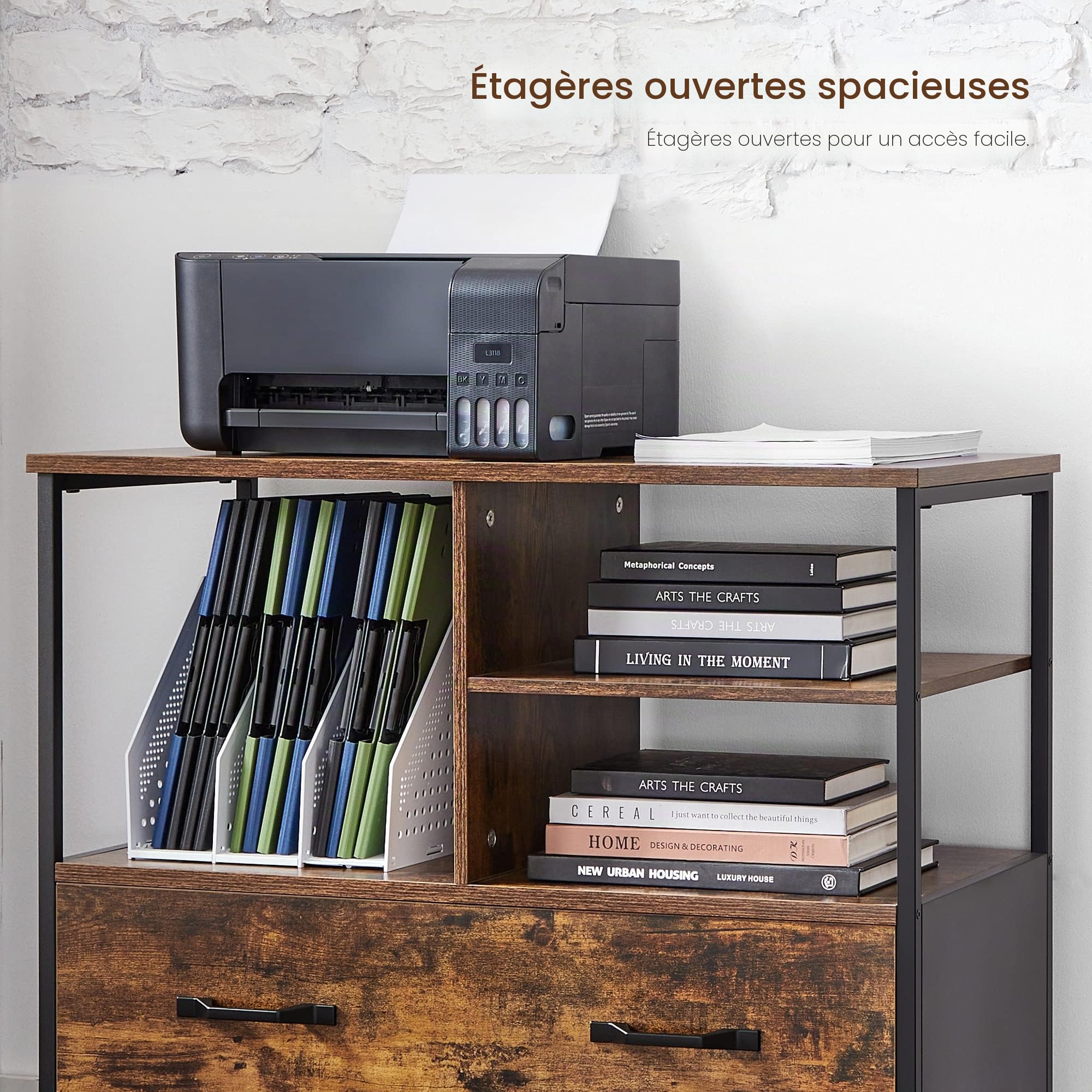 VASAGLE Caisson avec Tiroir, Meuble de Rangement Bureau, pour Format A4, Dossier Suspendu, Support pour Imprimante, Style Industriel, Marron Rustique et Noir OFC043B01