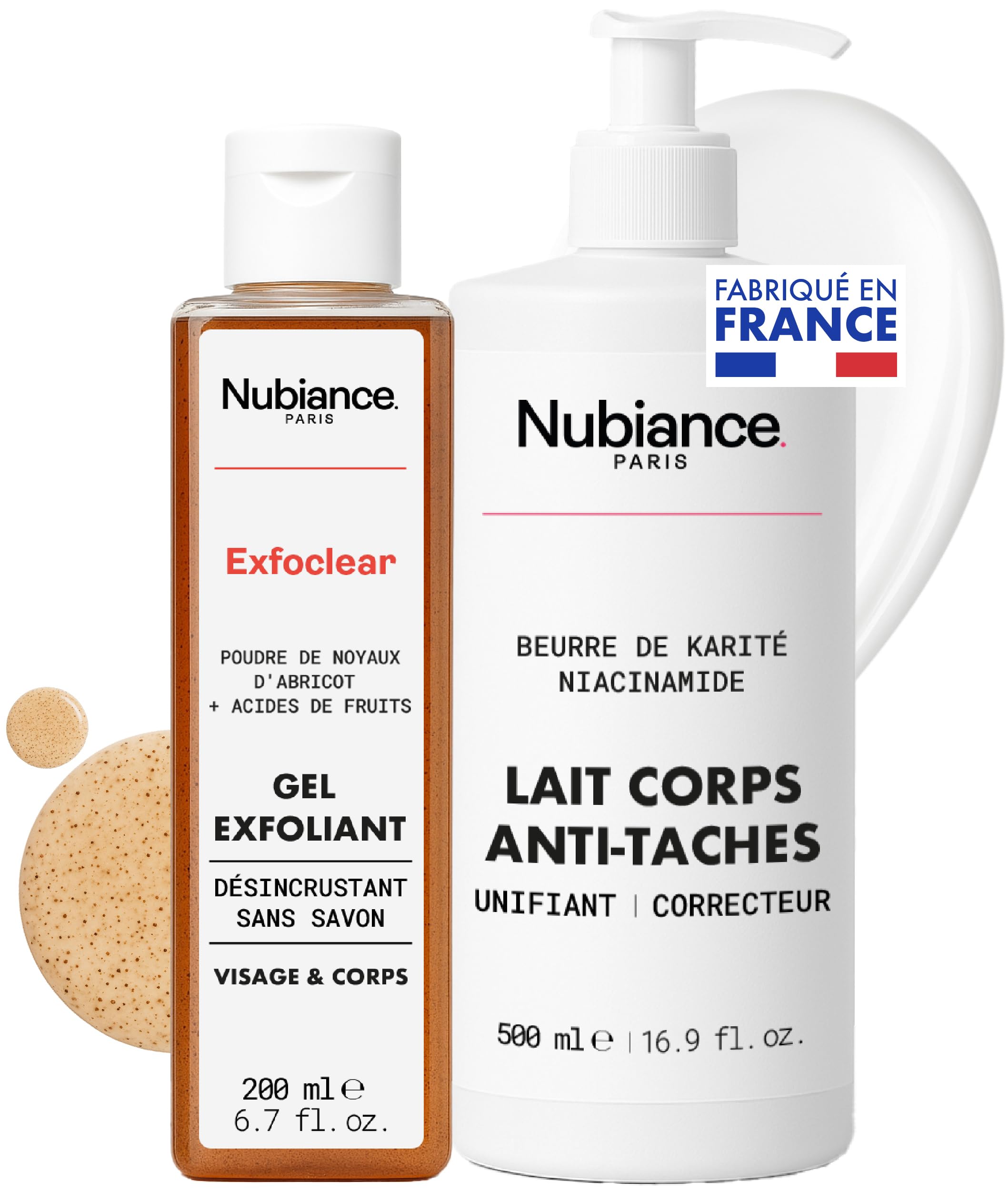 NUBIANCE - Pack Duo Visage & Corps - Lait Corps Anti-Taches & Hyperpigmentation + Exfoclear Gel Exfoliant Abricot - Soin Peaux Sèches, Mixtes, Grasses - Hydratation, Souplesse, Teint Uniforme