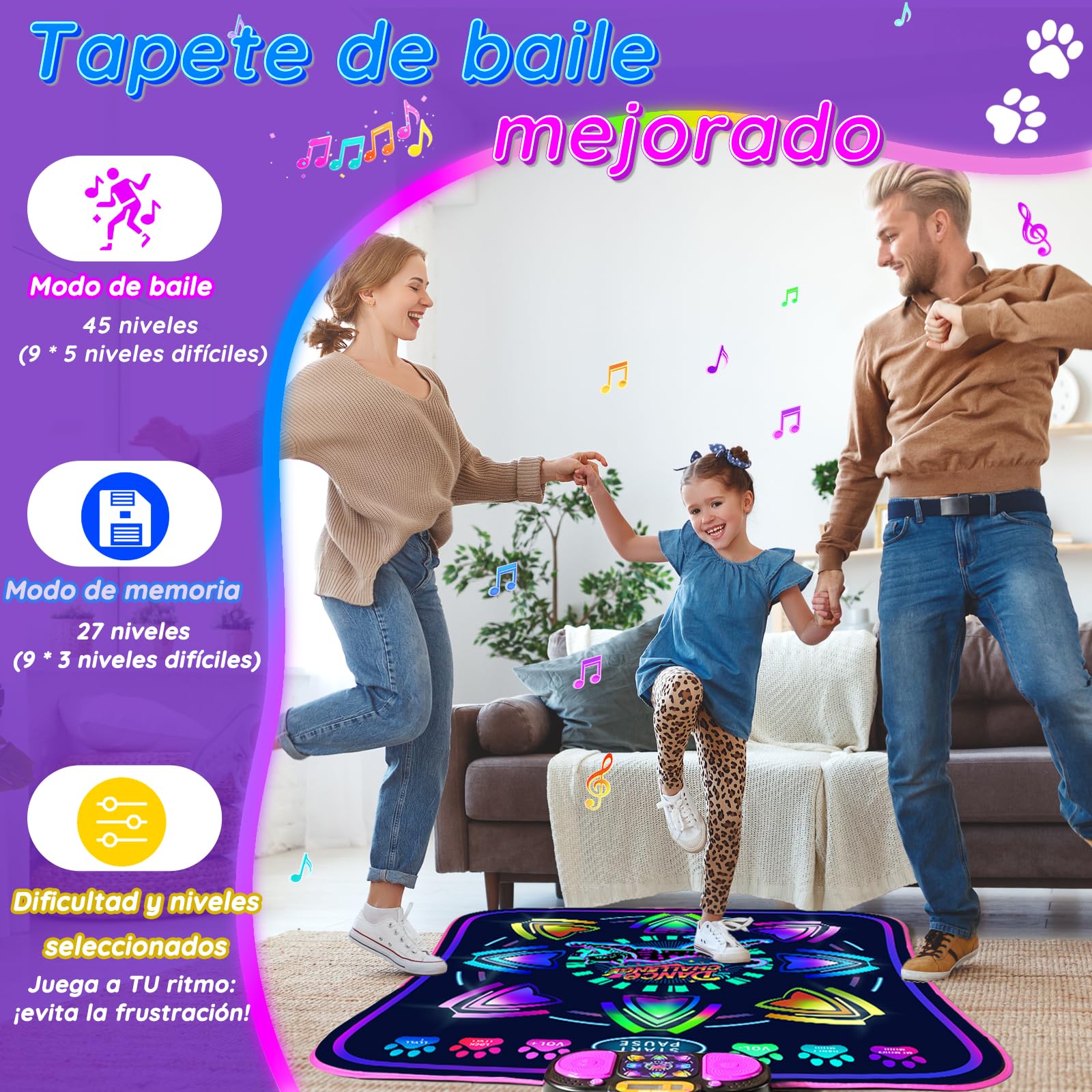 MOMUSE Alfombra de Baile con 2 Modos, Alfombra Musical | Luces LED, 9 Niveles, Volumen de 5 Niveles, Juguete Regalo Cumpleaños Navidad para Niñas Niños 3 4 5 6 7 8