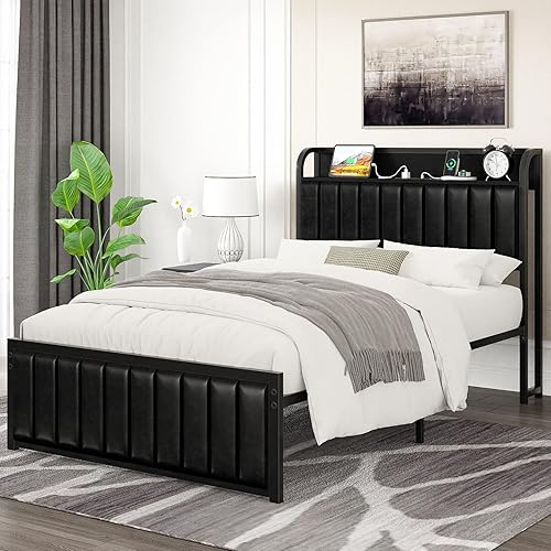 Miniatura 8 de VECELO Base de cama individual, cabecera tapizada de almacenamiento con estación de carga, marco de cama de plataforma, listones de metal Negro y