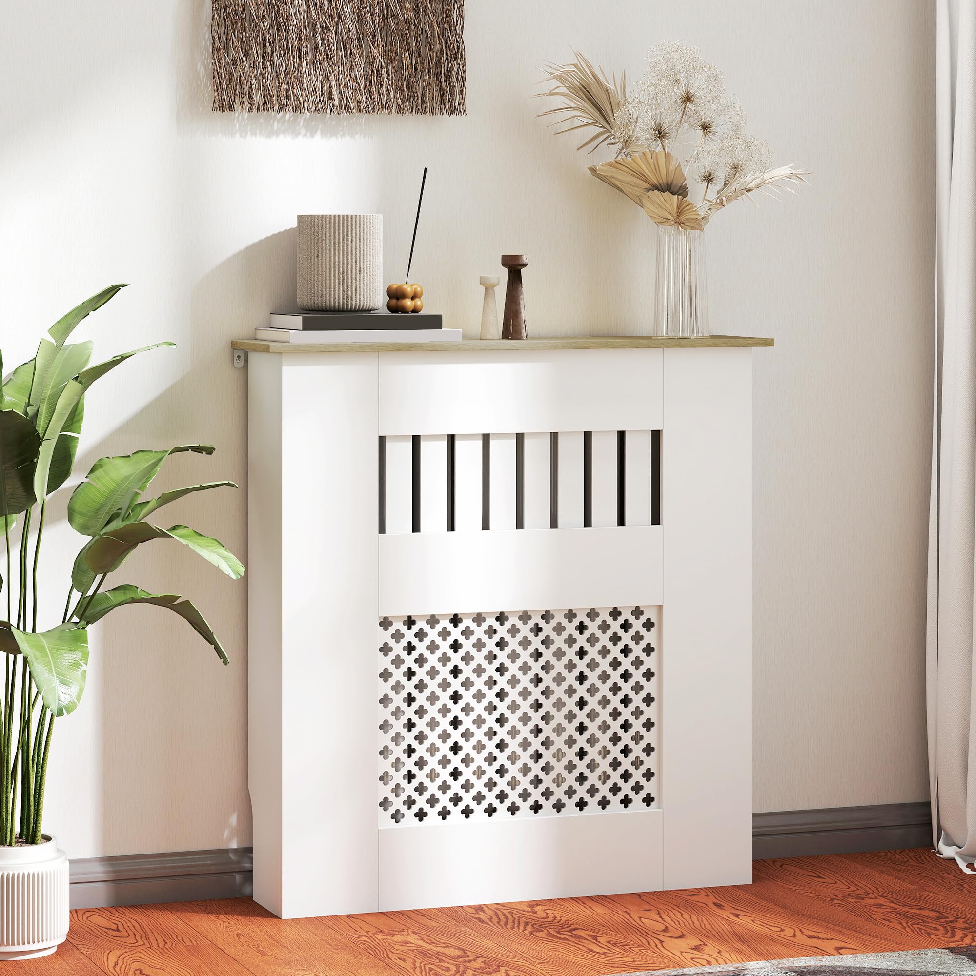 HOMCOM Cubre Radiadores, Cubreradiador de MDF, 78x19x81 cm, Cubierta para Radiador, Diseño Moderno de Listones y Nido de Abeja, para Salón, Dormitorio, Blanco